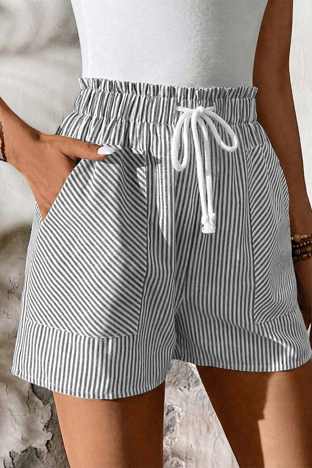 Striped Lace Up Elastic Waist Shorts Side Detail - Poppy & Pearl Edit