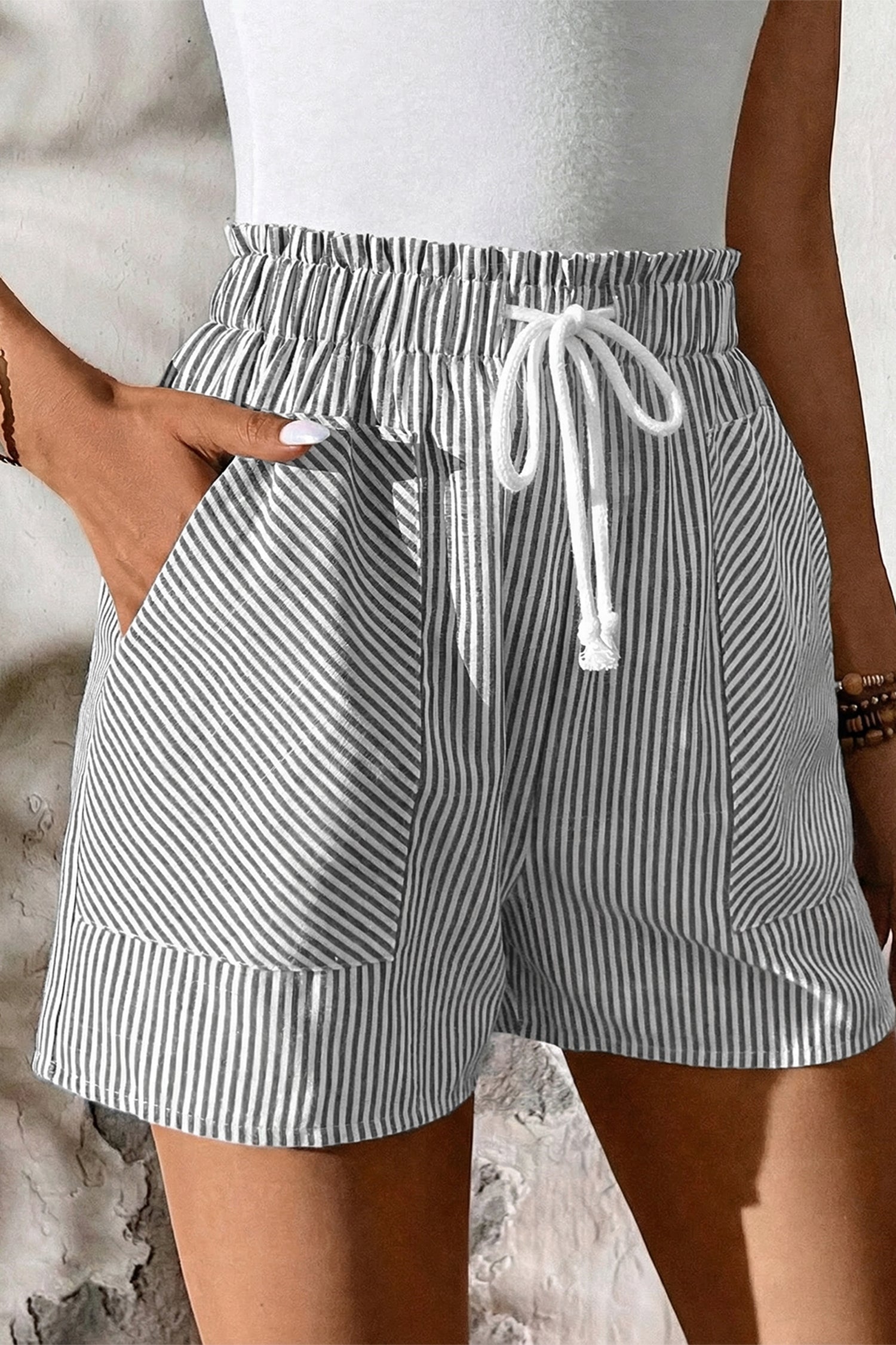 Striped Lace Up Elastic Waist Shorts Side Detail - Poppy & Pearl Edit