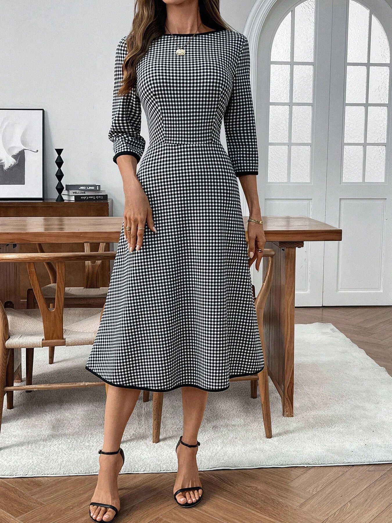 Plaid Round Neck Three Quarter Sleeve Dress Full Length - Poppy & Pearl Edit