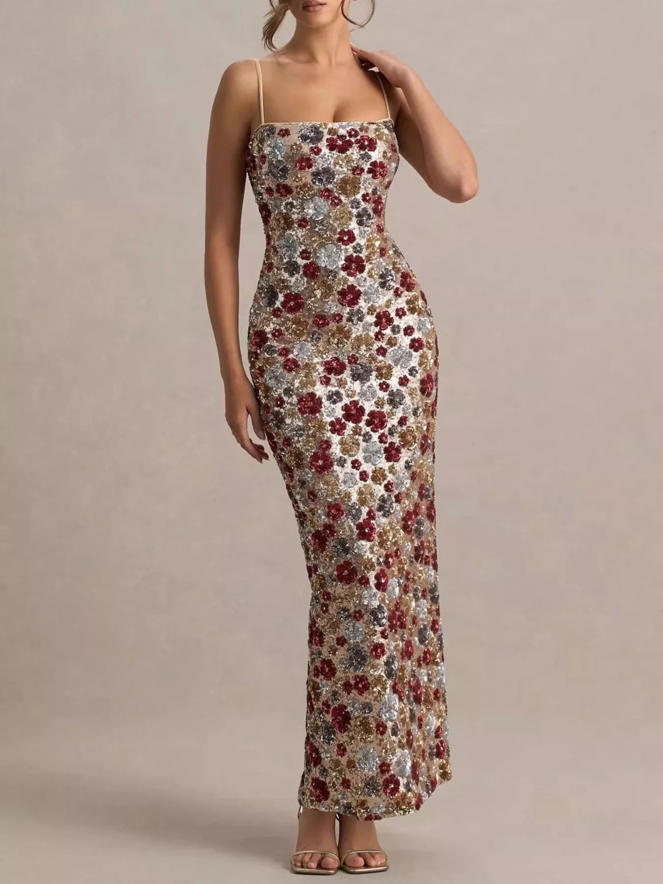 Slit Floral Sequin Bodycon Maxi Dress 002 - Poppy & Pearl Edit