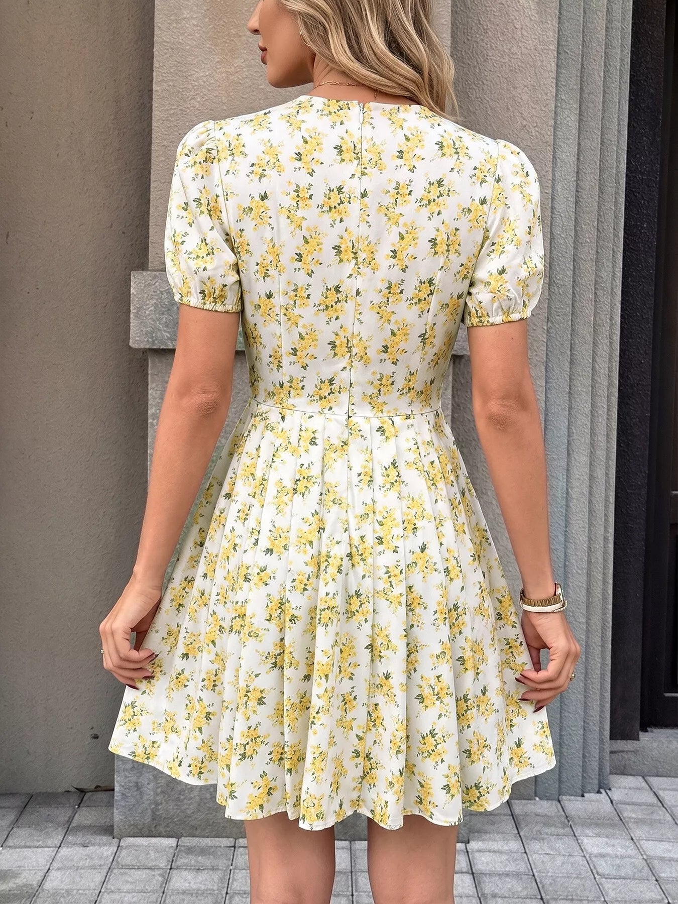 Floral Print V Neck Puff Sleeve Mini Dress 005 - Poppy & Pearl Edit