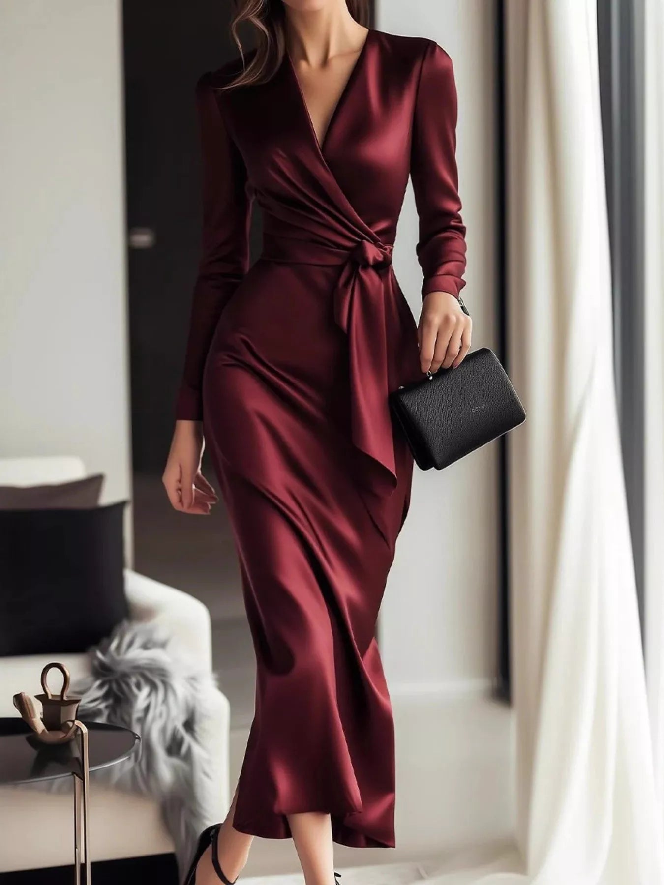 Satin Wrap Long Sleeve Midi Dress 002 - Poppy & Pearl Edit