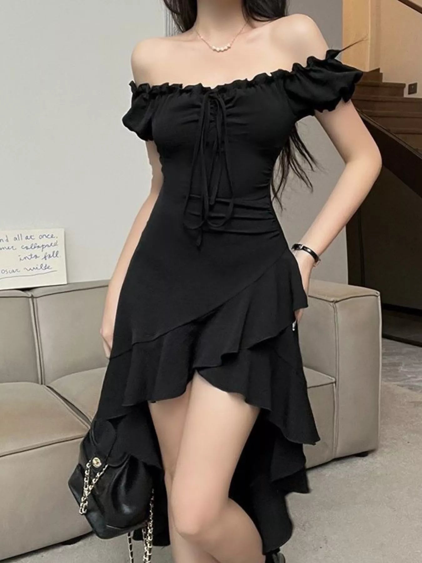 Off Shoulder Ruffle Hem High Low Dress 005 - Poppy & Pearl Edit