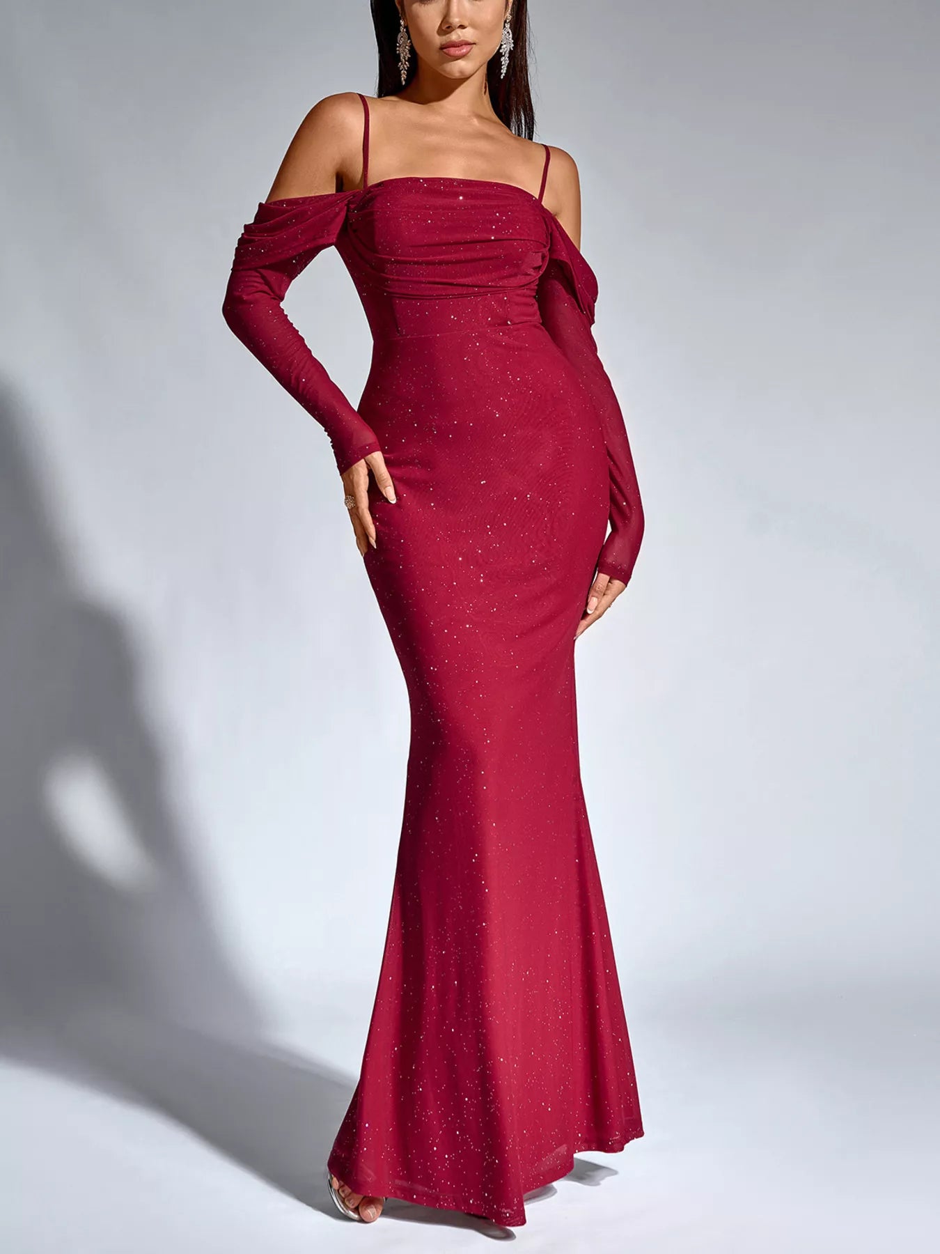 Glitter Ruched Long Sleeve Mermaid Maxi Dress 002 - Poppy & Pearl Edit