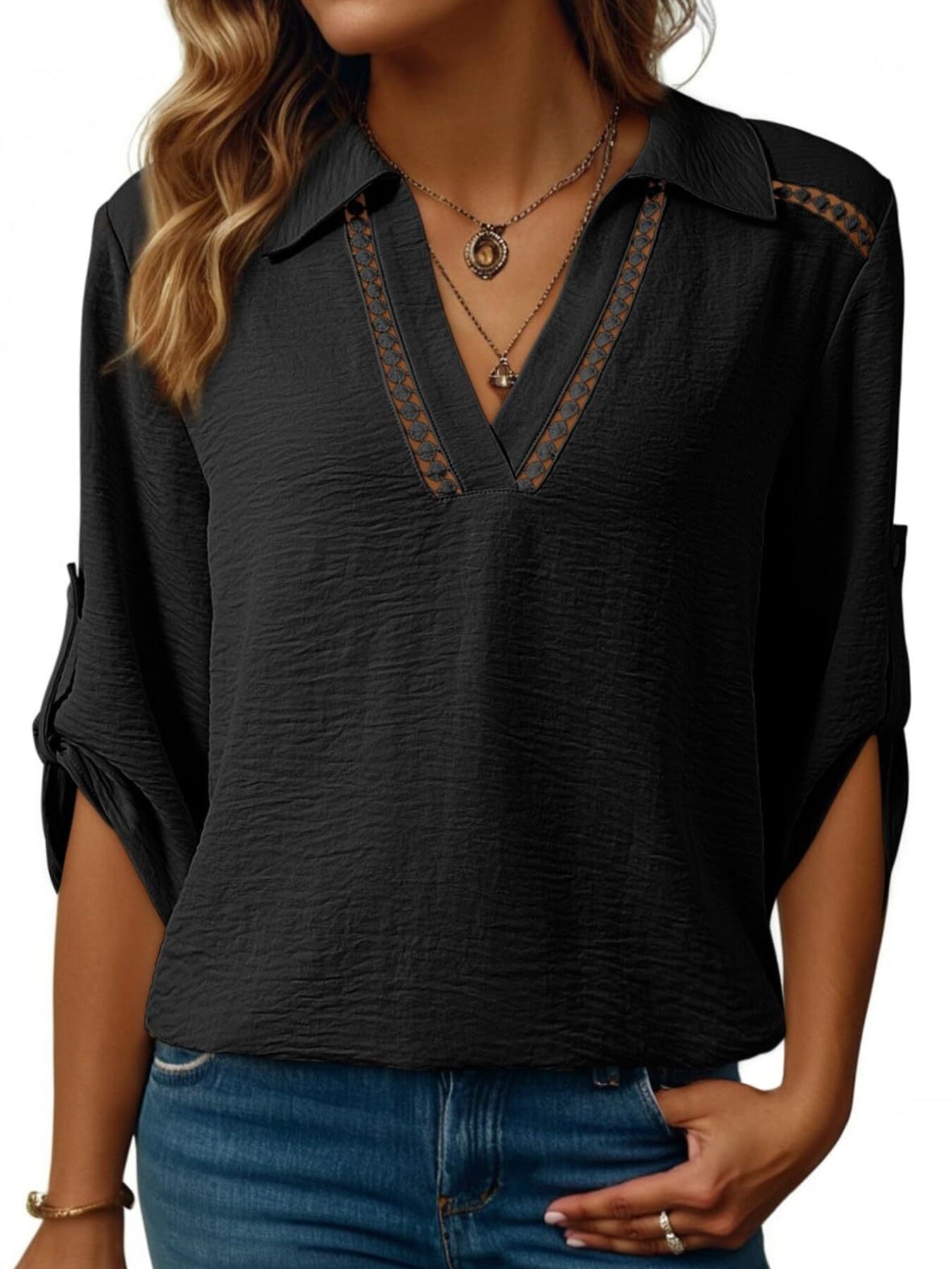 Johnny Collar Roll Up Sleeve Blouse 021 - Poppy & Pearl Edit