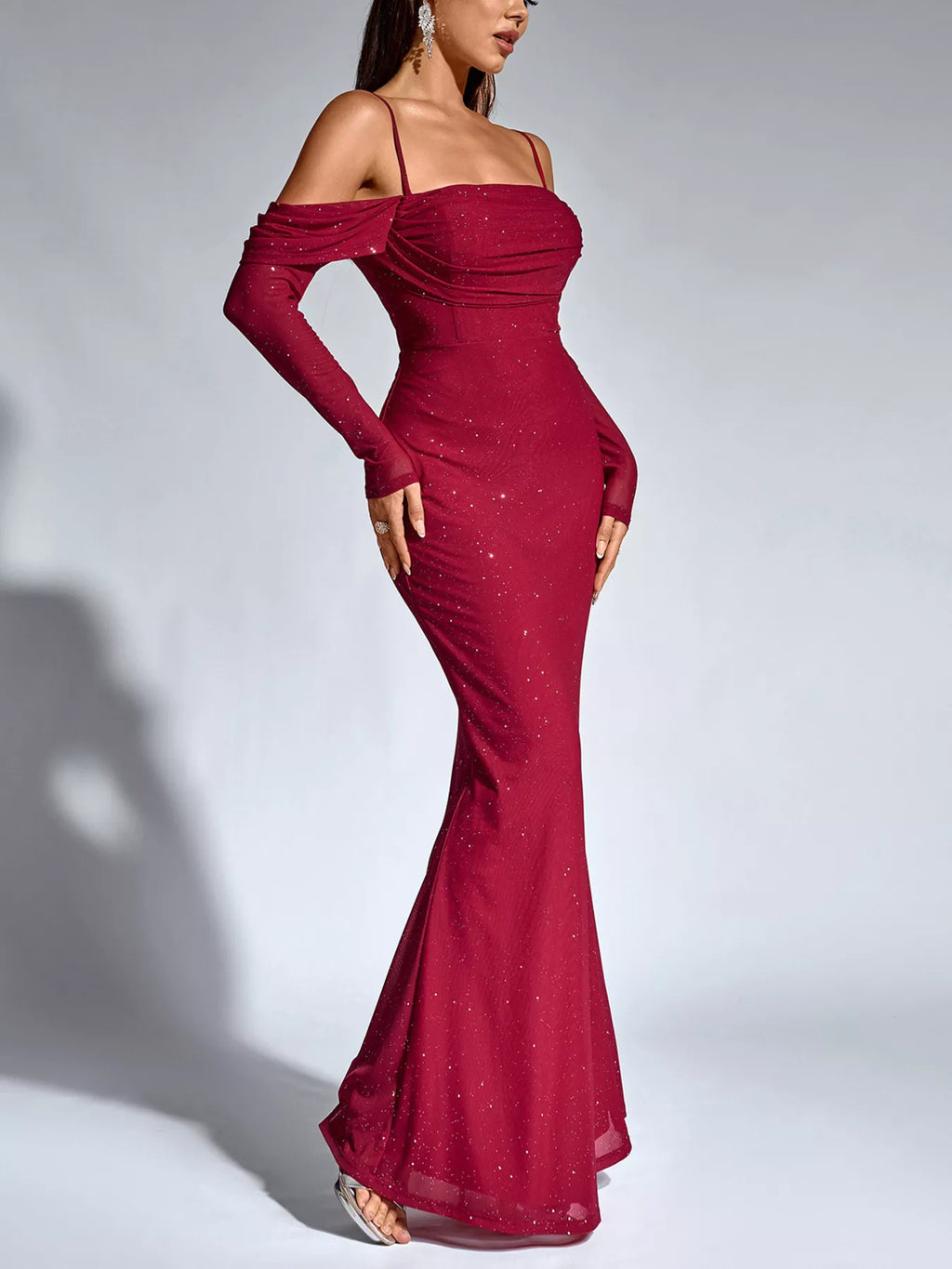 Glitter Ruched Long Sleeve Mermaid Maxi Dress 004 - Poppy & Pearl Edit