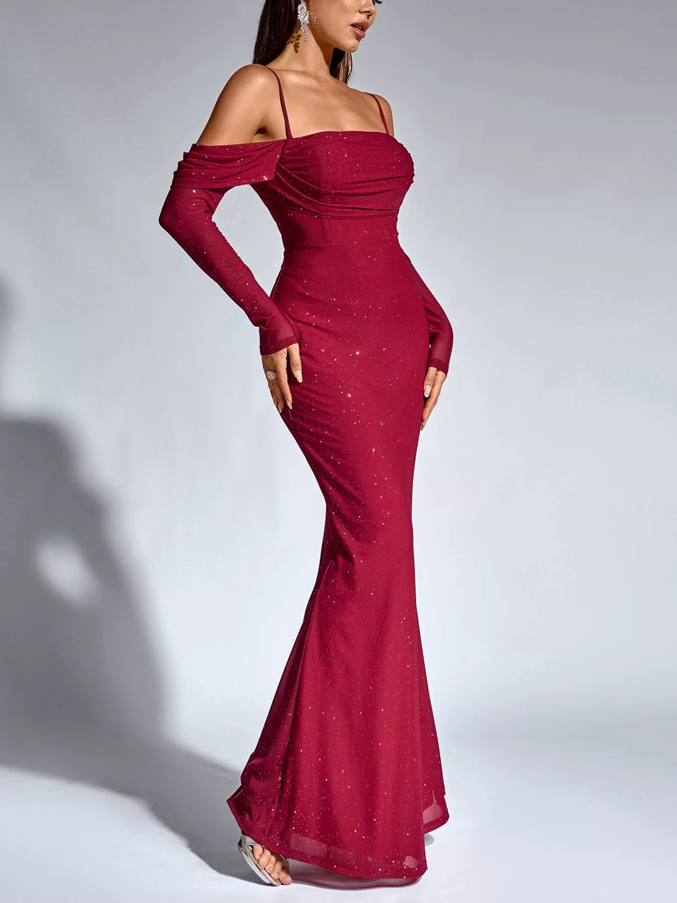 Glitter Ruched Long Sleeve Mermaid Maxi Dress 004 - Poppy & Pearl Edit