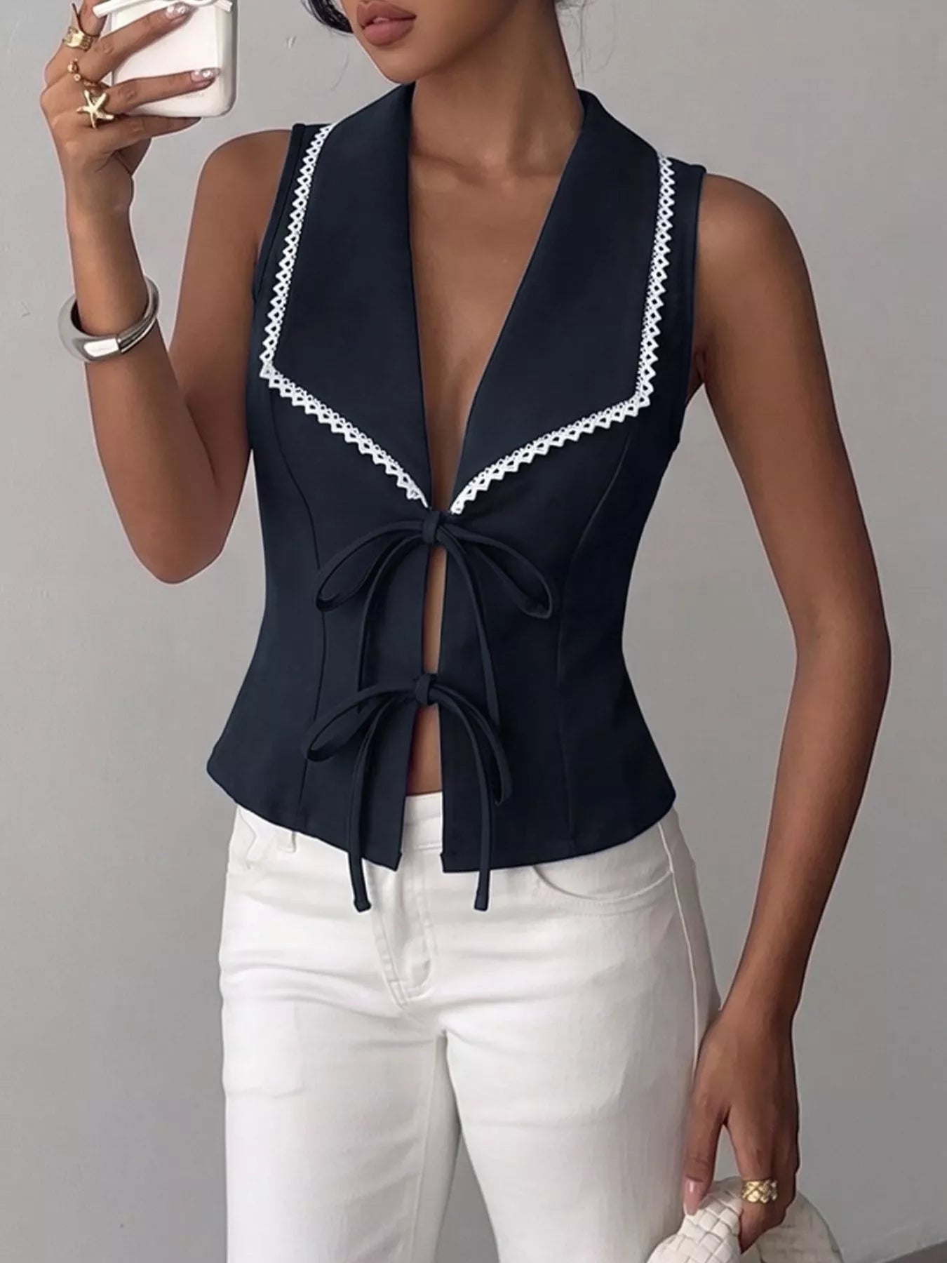 Lace Trim Tie Front Vest 004 - Poppy & Pearl Edit