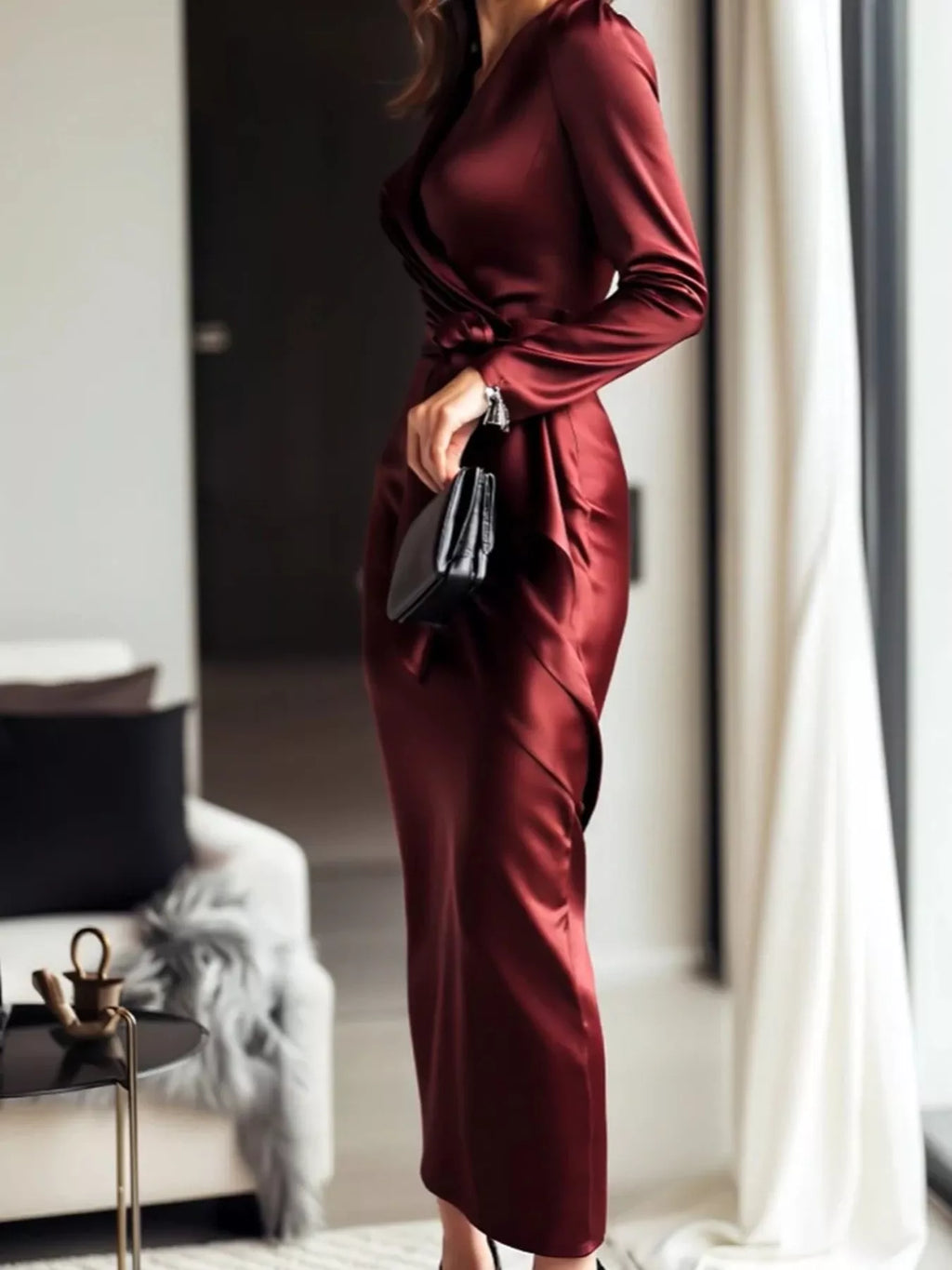 Satin Wrap Long Sleeve Midi Dress 004 - Poppy & Pearl Edit