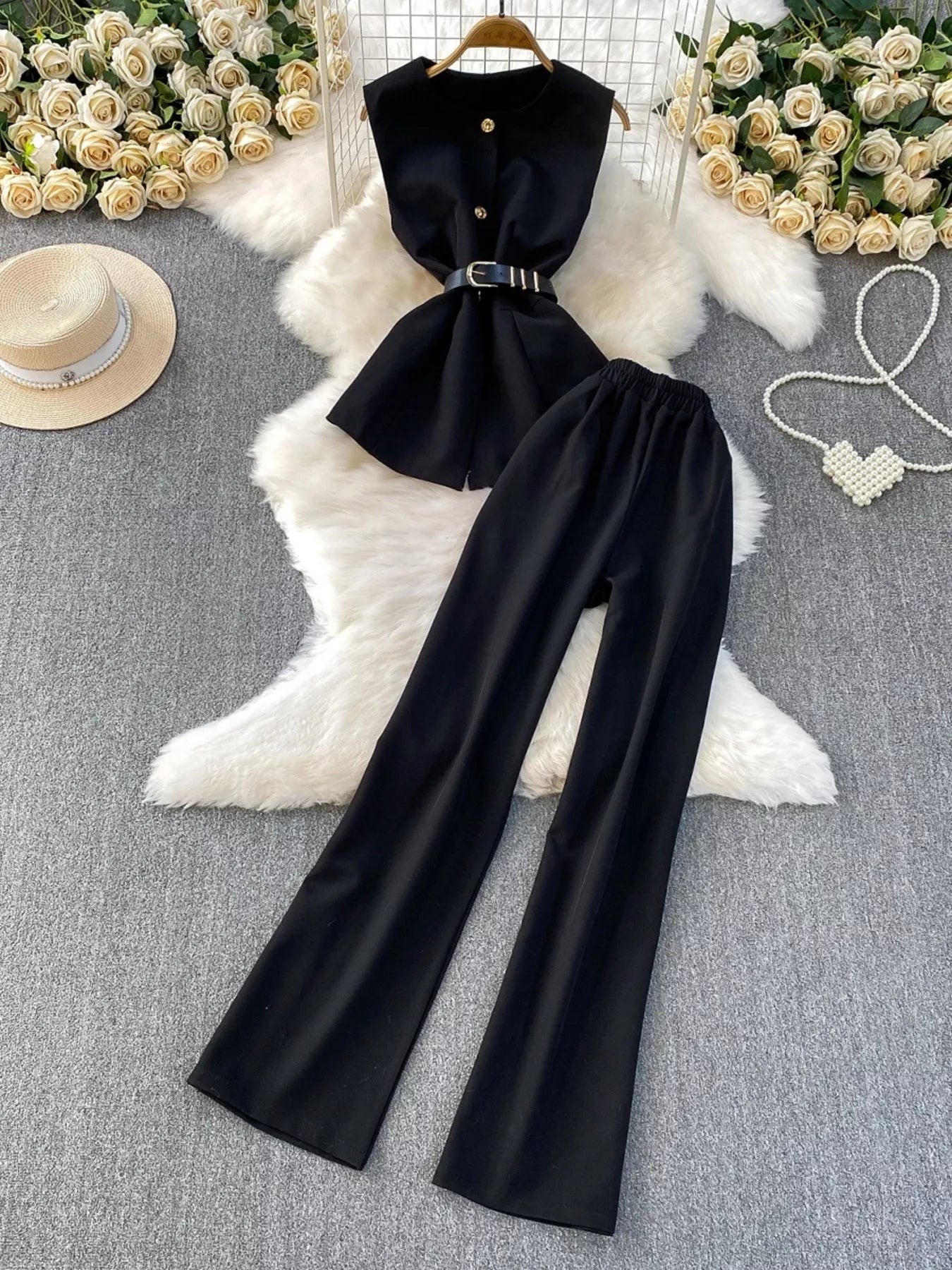 Sleeveless Top And Wide Leg Pants Set 020 - Poppy & Pearl Edit