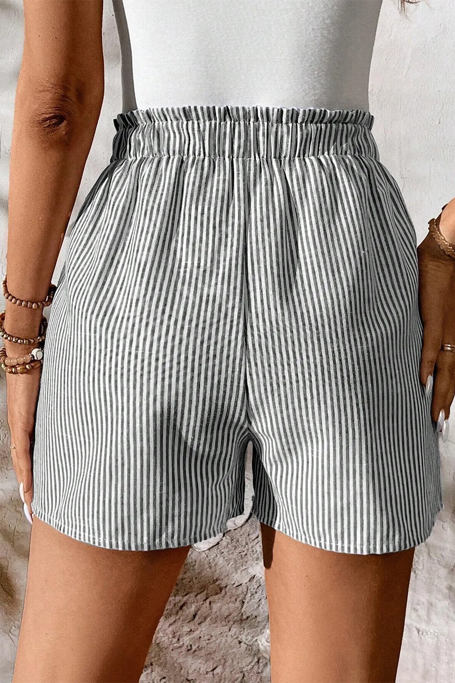 Striped Lace Up Elastic Waist Shorts Full Length - Poppy & Pearl Edit