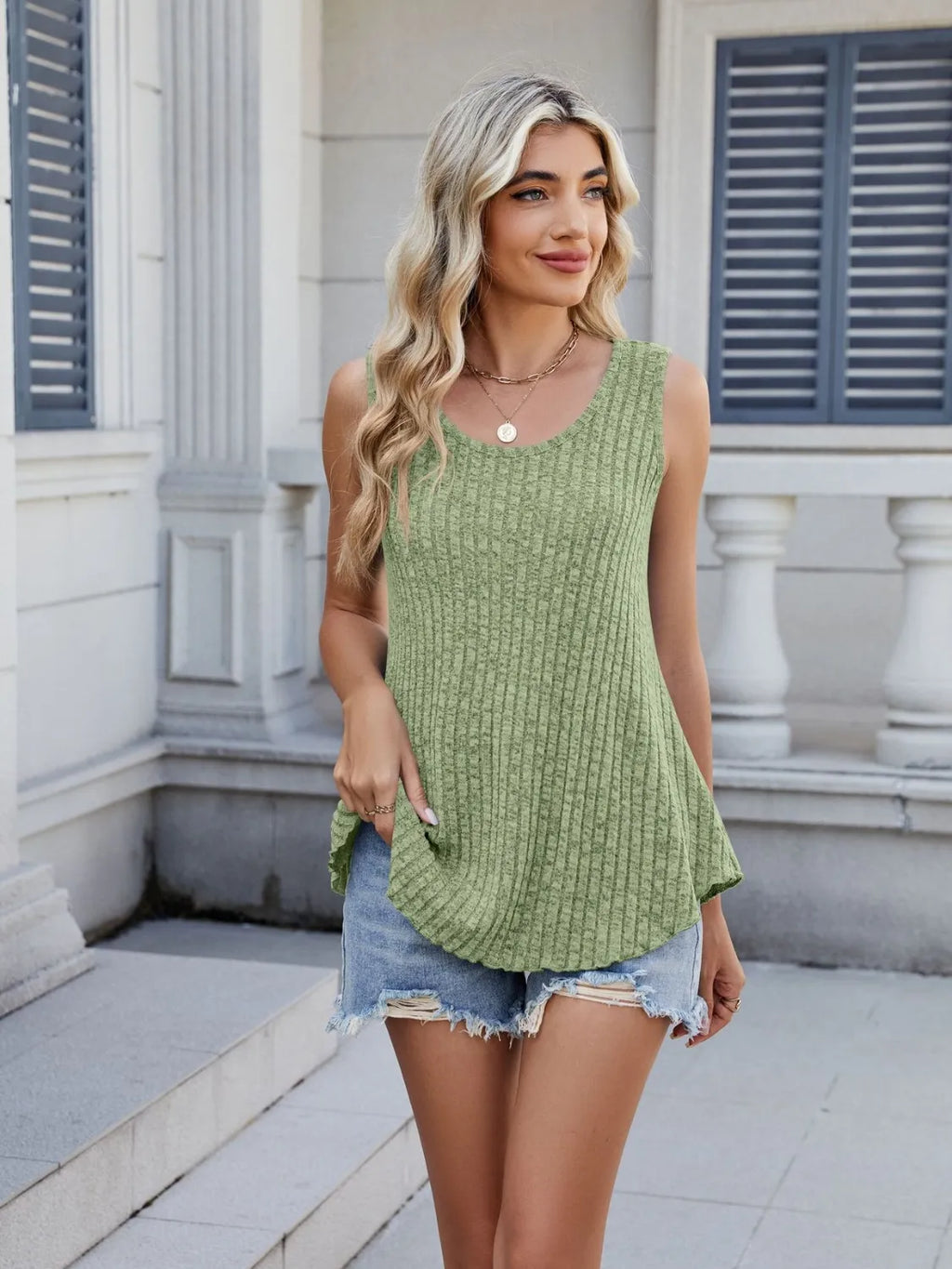 Ribbed Round Neck Tank Close Up - Poppy & Pearl Edit