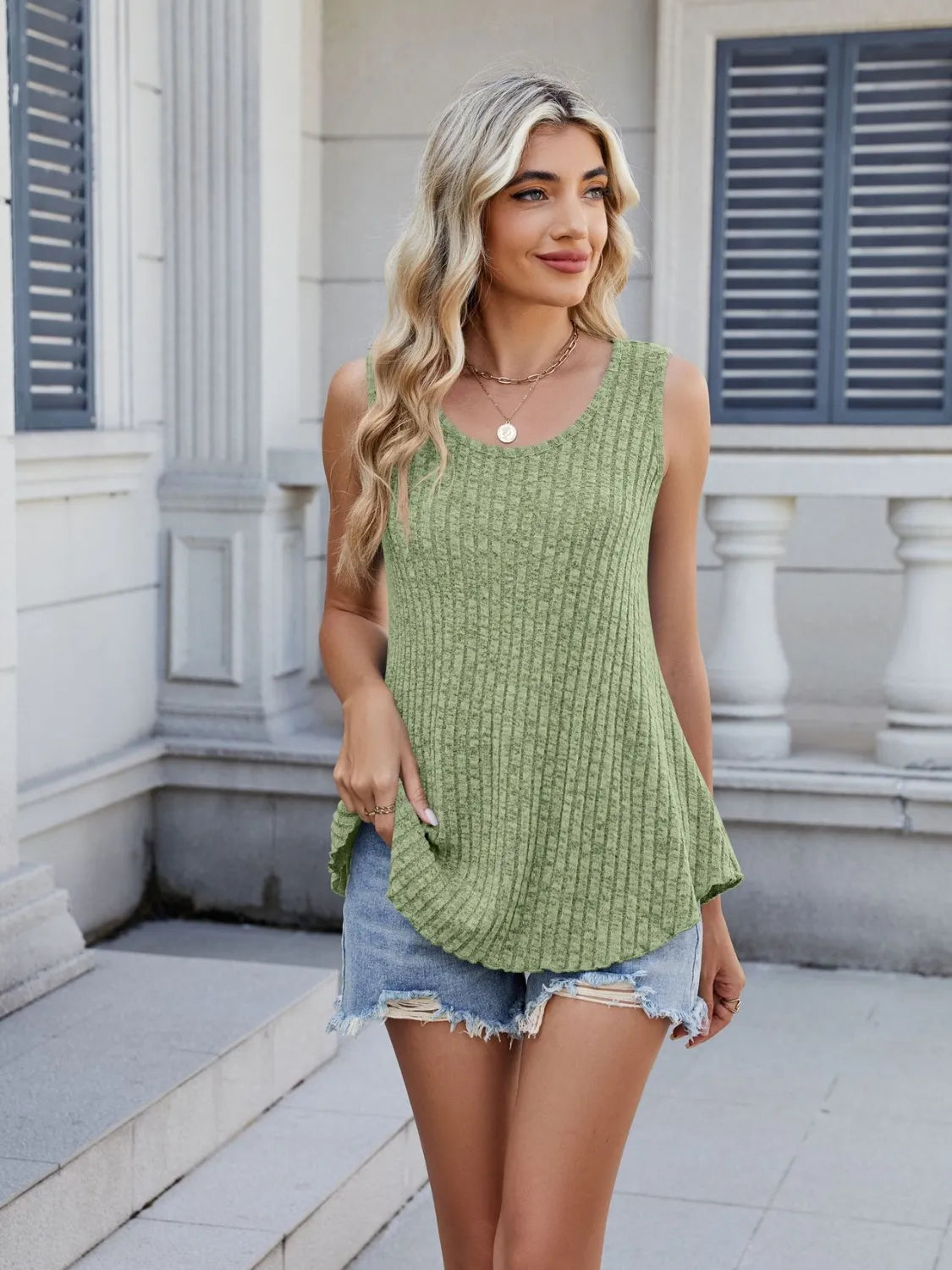 Ribbed Round Neck Tank Close Up - Poppy & Pearl Edit