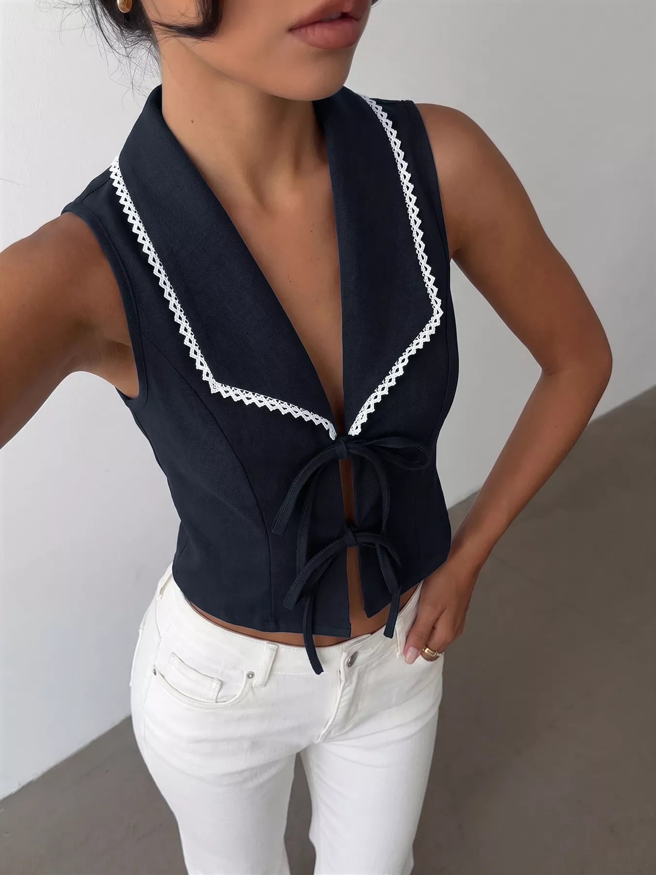 Lace Trim Tie Front Vest 003 - Poppy & Pearl Edit