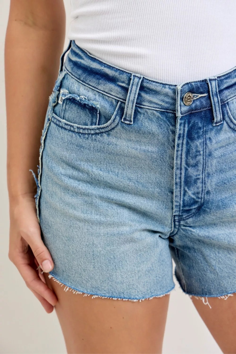 Judy Blue High Waist Rigid Magic Cut Off Denim Shorts With Raw Side Seam 005 - Poppy & Pearl Edit