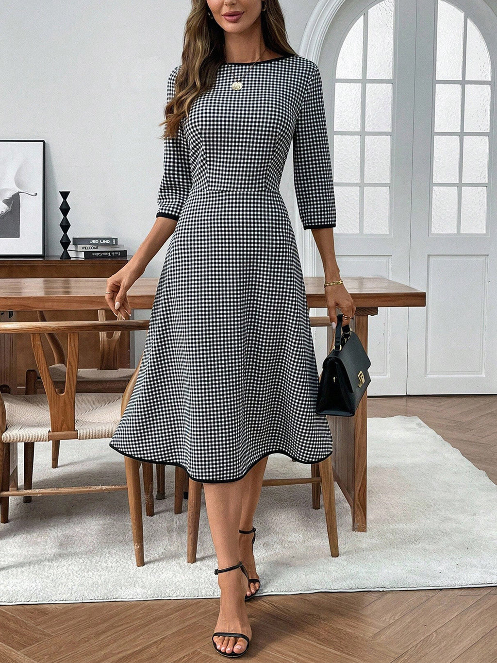 Plaid Round Neck Three Quarter Sleeve Dress Detail Shot - Poppy & Pearl Edit