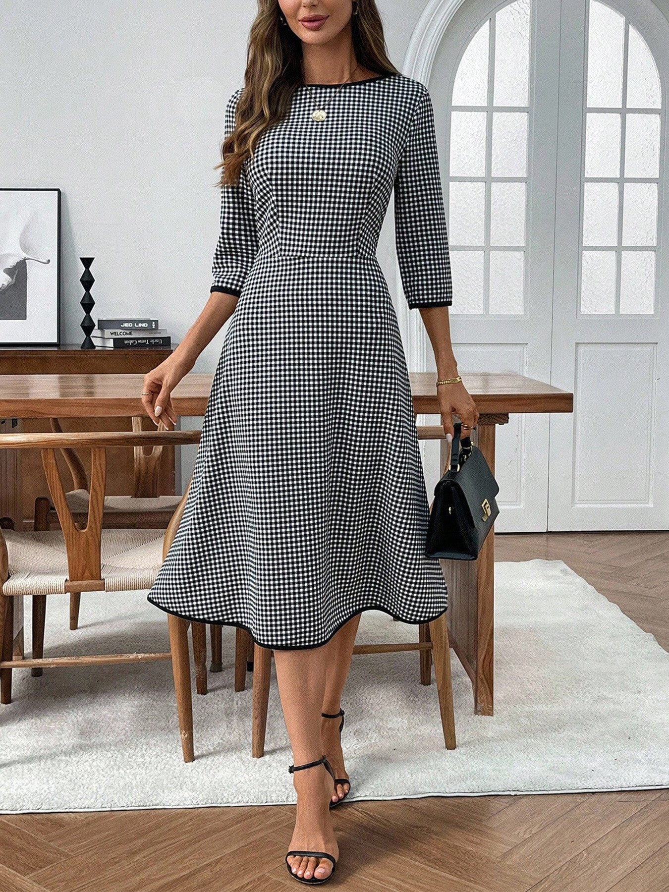 Plaid Round Neck Three Quarter Sleeve Dress Detail Shot - Poppy & Pearl Edit
