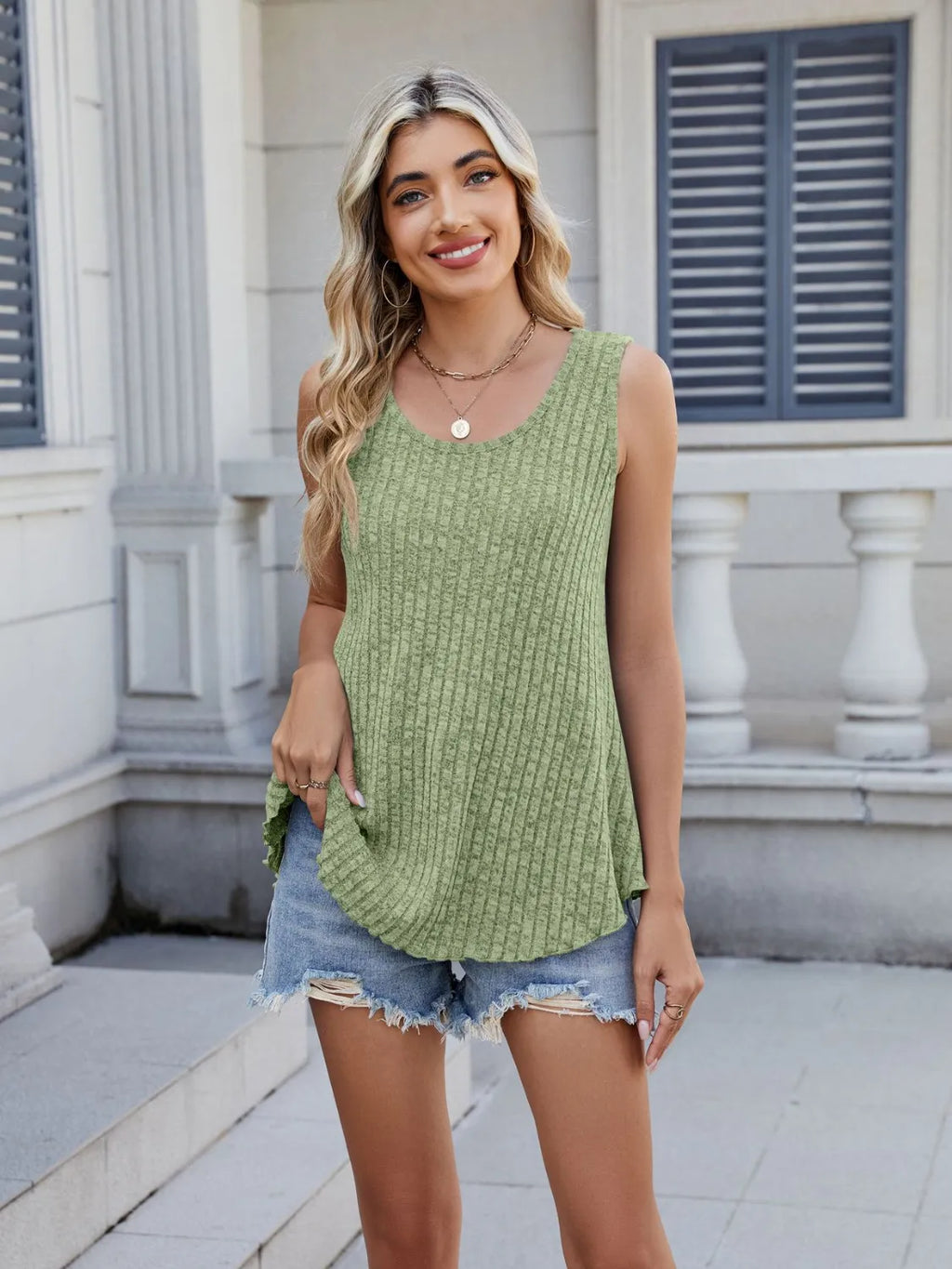 Ribbed Round Neck Tank Angle View - Poppy & Pearl Edit