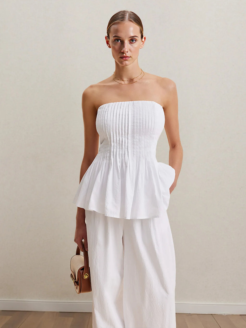Strapless Peplum Top And Wide Leg Pants Set 002 - Poppy & Pearl Edit
