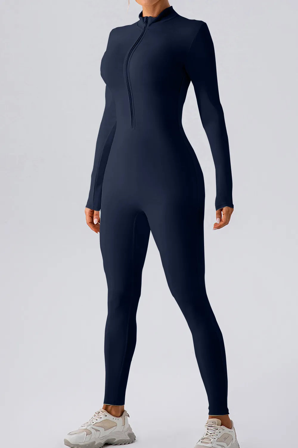 Half Zip Mock Neck Active Jumpsuit Close Up - Poppy & Pearl Edit