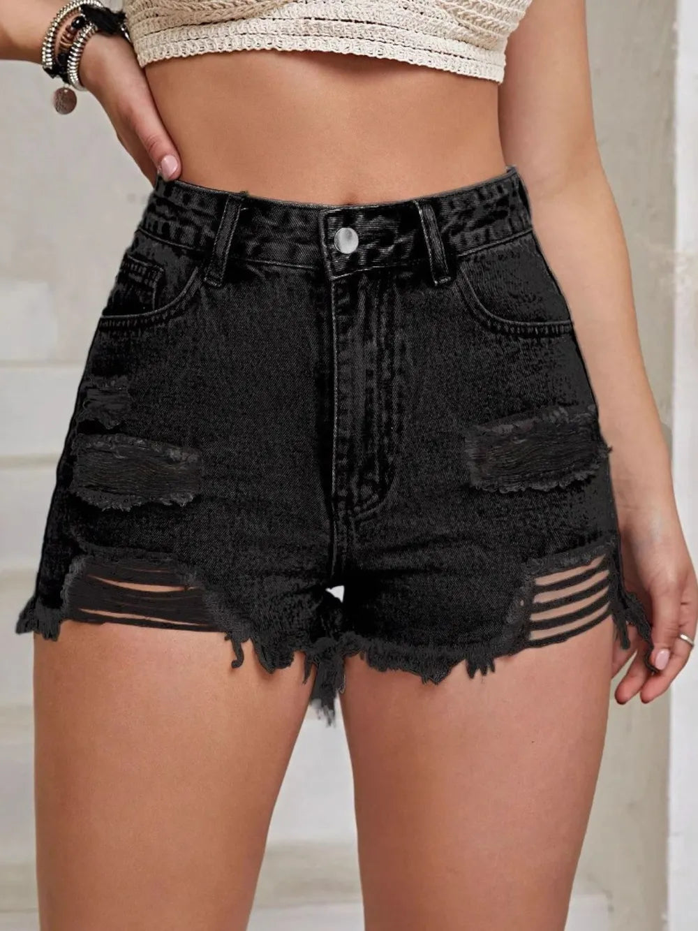 Distressed Raw Hem High Waist Denim Shorts 005 - Poppy & Pearl Edit