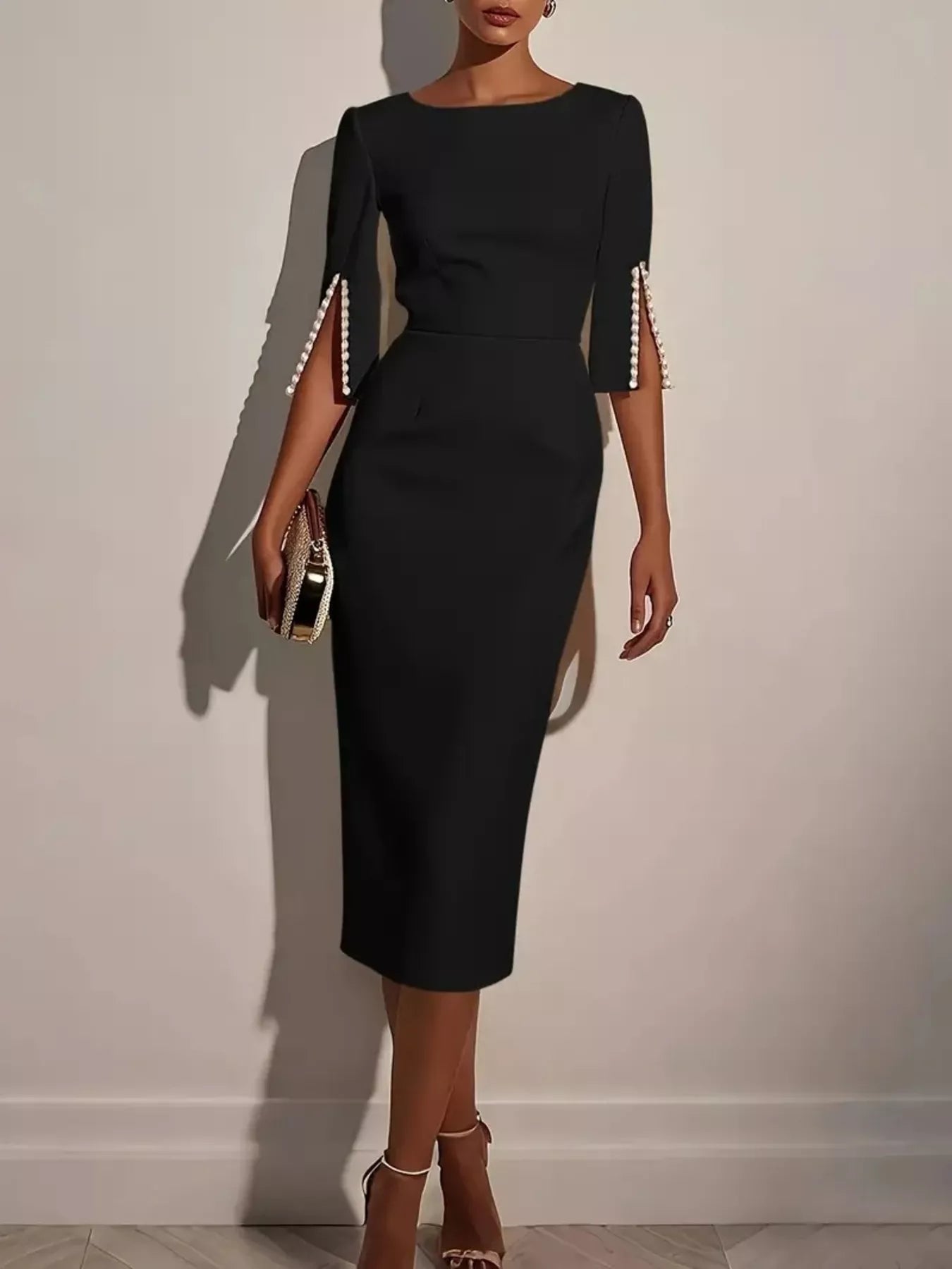 Slim Fit Elegant Midi Dress With Beaded Slit Sleeve 004 - Poppy & Pearl Edit