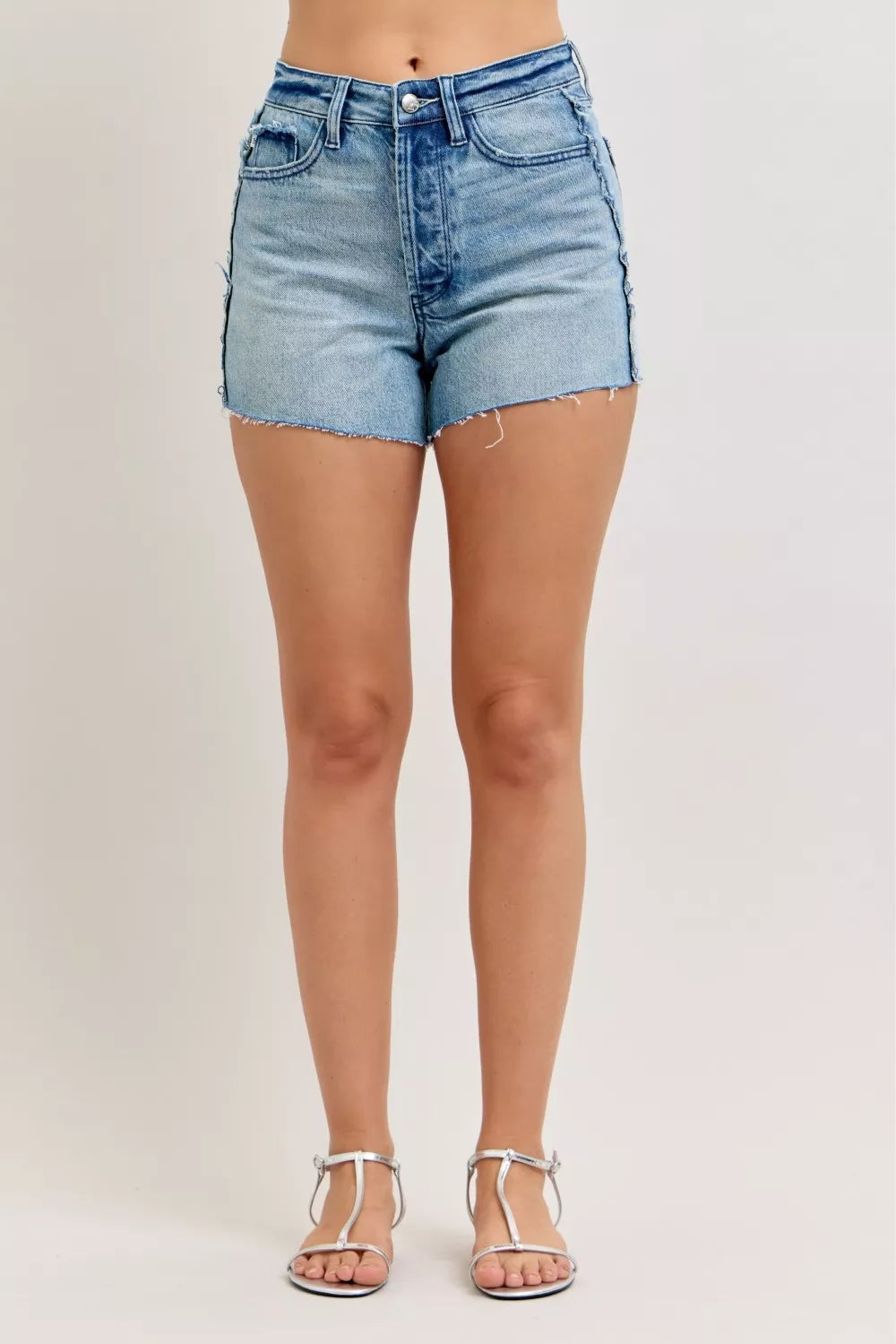 Judy Blue High Waist Rigid Magic Cut Off Denim Shorts With Raw Side Seam 001 - Poppy & Pearl Edit