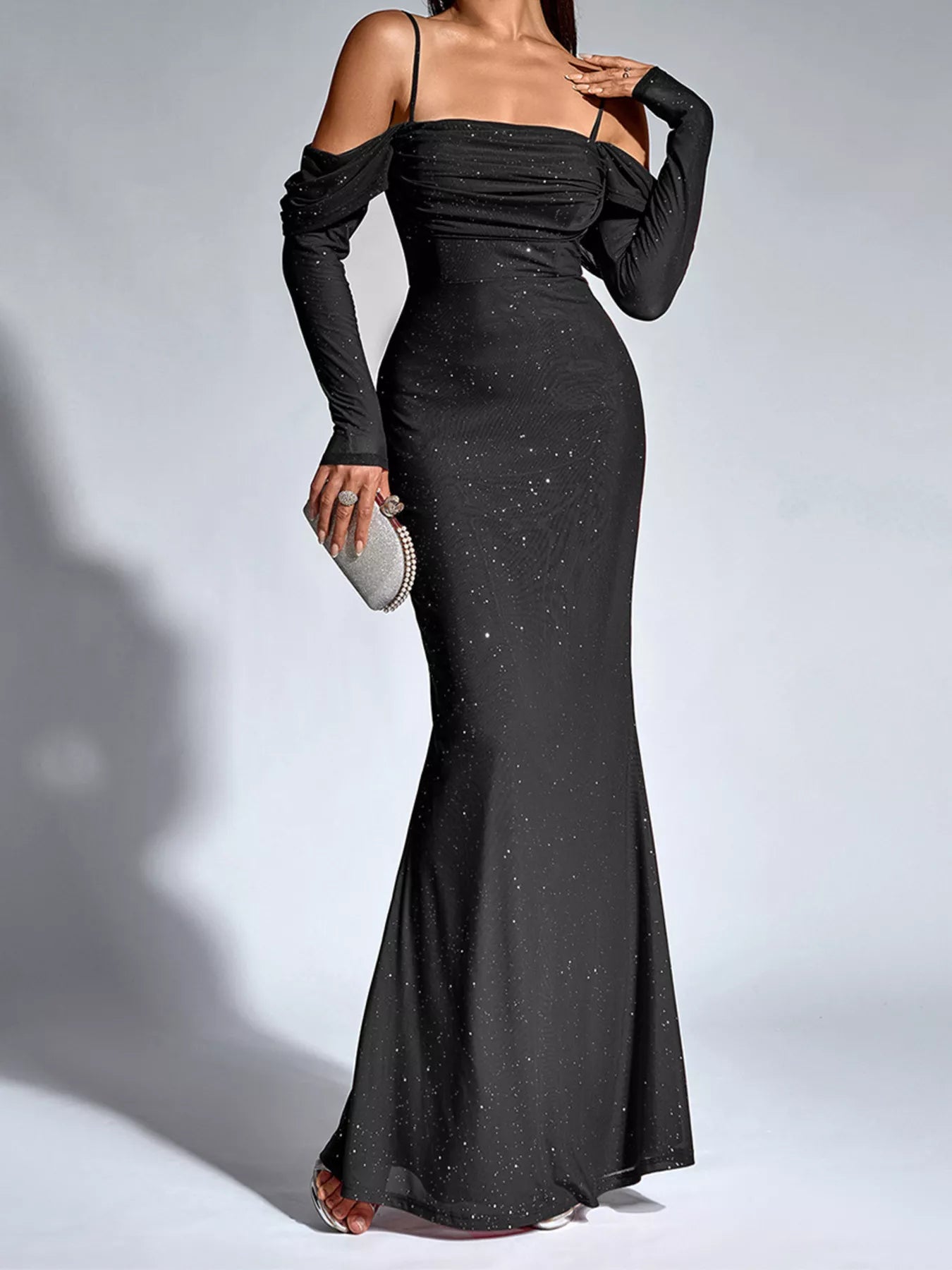 Glitter Ruched Long Sleeve Mermaid Maxi Dress 010 - Poppy & Pearl Edit
