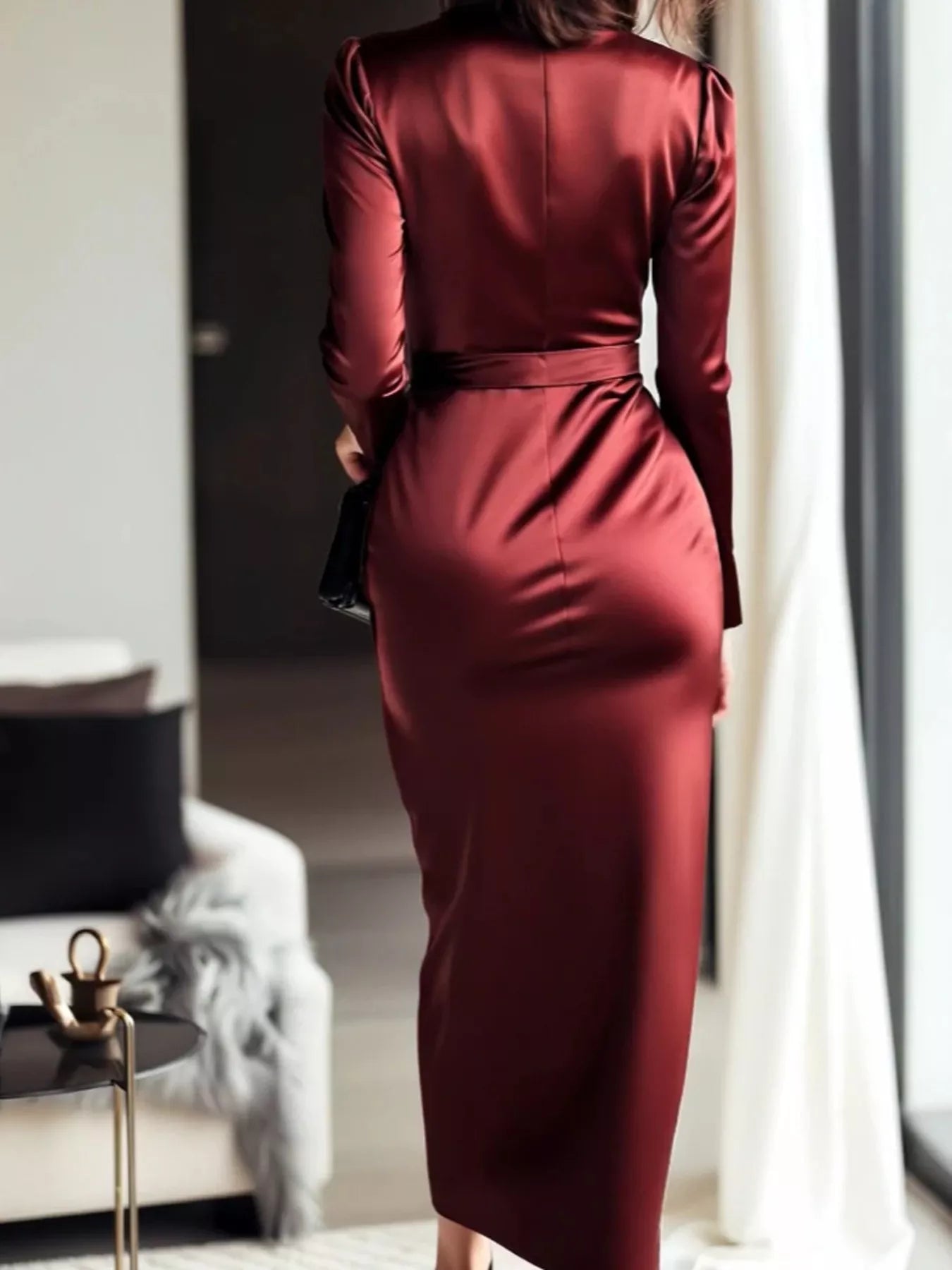 Satin Wrap Long Sleeve Midi Dress 003 - Poppy & Pearl Edit