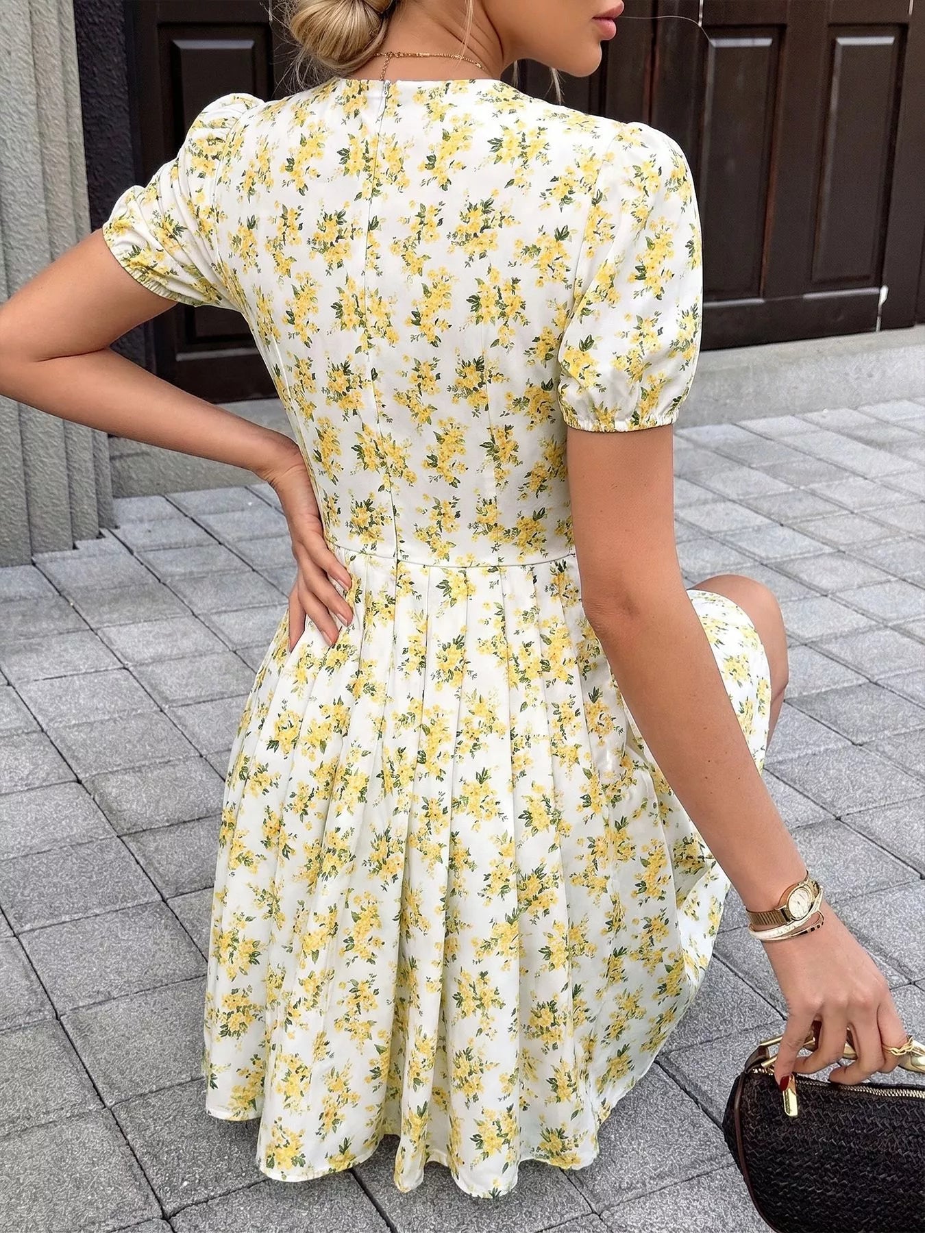 Floral Print V Neck Puff Sleeve Mini Dress 004 - Poppy & Pearl Edit