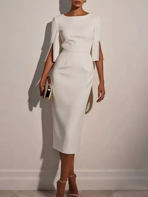Slim Fit Elegant Midi Dress With Beaded Slit Sleeve 002 - Poppy & Pearl Edit