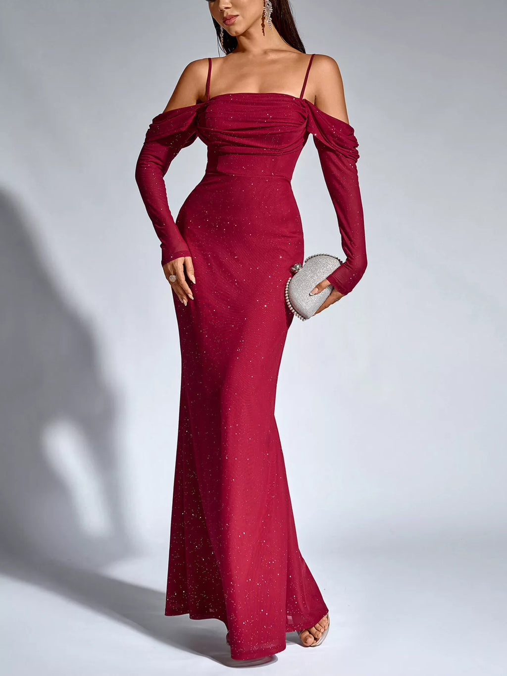 Glitter Ruched Long Sleeve Mermaid Maxi Dress 003 - Poppy & Pearl Edit