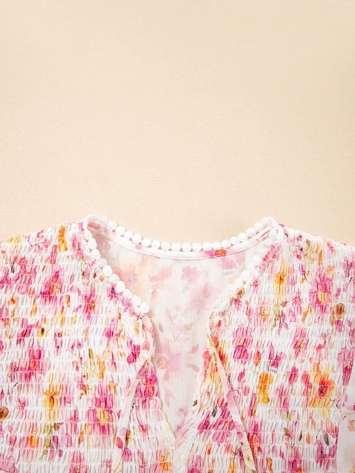 Floral Print Tassel Tie Smocked Puff Sleeve Blouse 006 - Poppy & Pearl Edit