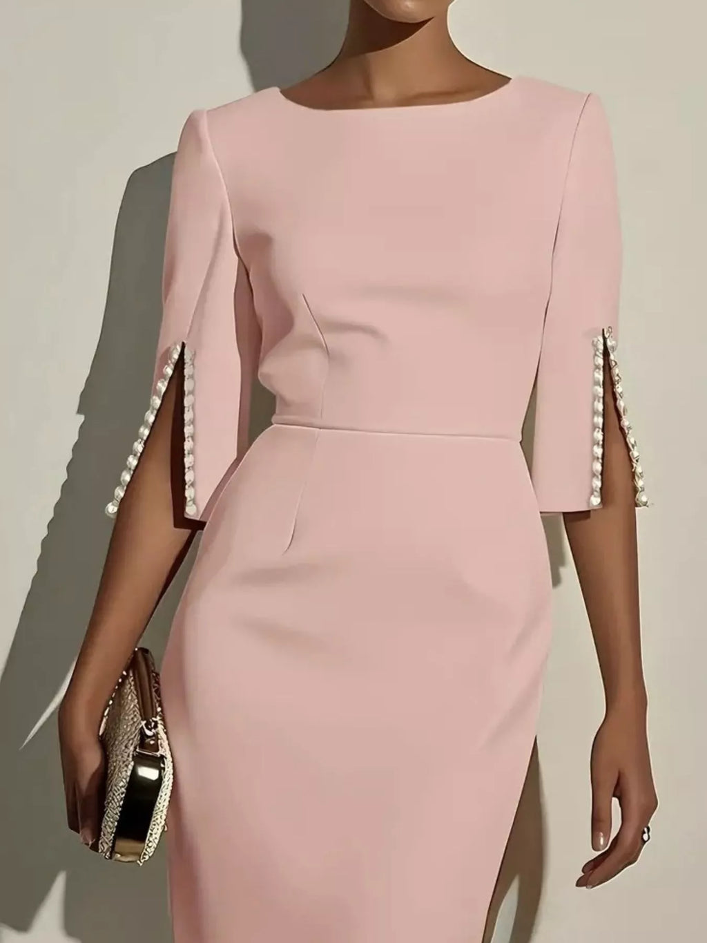 Slim Fit Elegant Midi Dress With Beaded Slit Sleeve 008 - Poppy & Pearl Edit