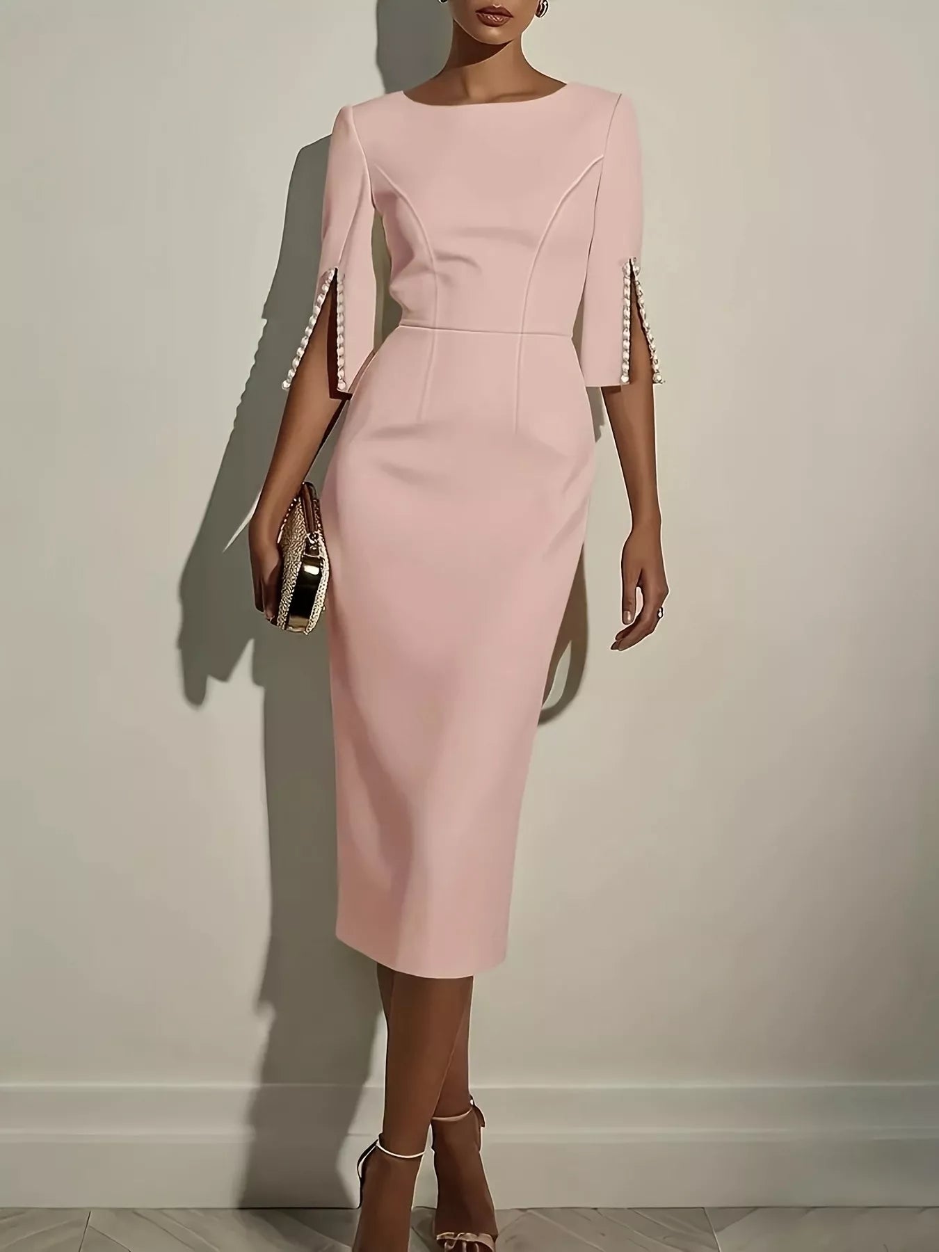 Slim Fit Elegant Midi Dress With Beaded Slit Sleeve 007 - Poppy & Pearl Edit