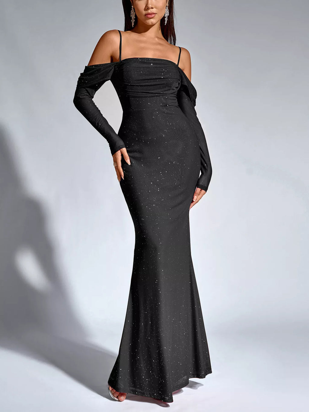 Glitter Ruched Long Sleeve Mermaid Maxi Dress 012 - Poppy & Pearl Edit
