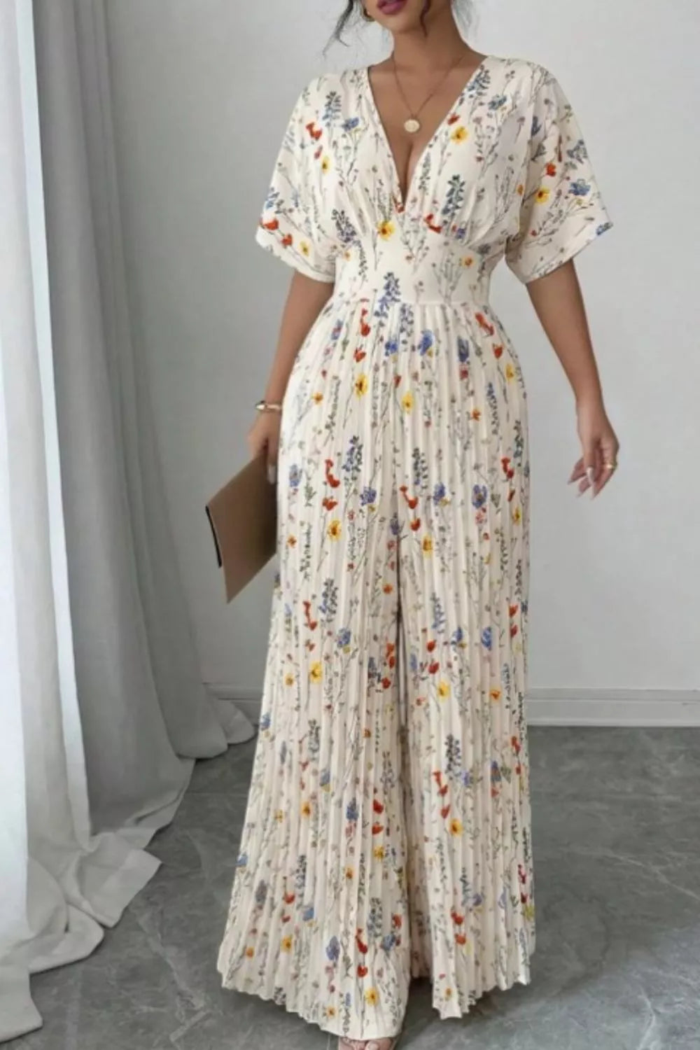 Floral Print Wide Leg Pleated Jumpsuit 005 - Poppy & Pearl Edit