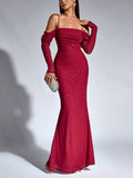 Glitter Ruched Long Sleeve Mermaid Maxi Dress 001 - Poppy & Pearl Edit