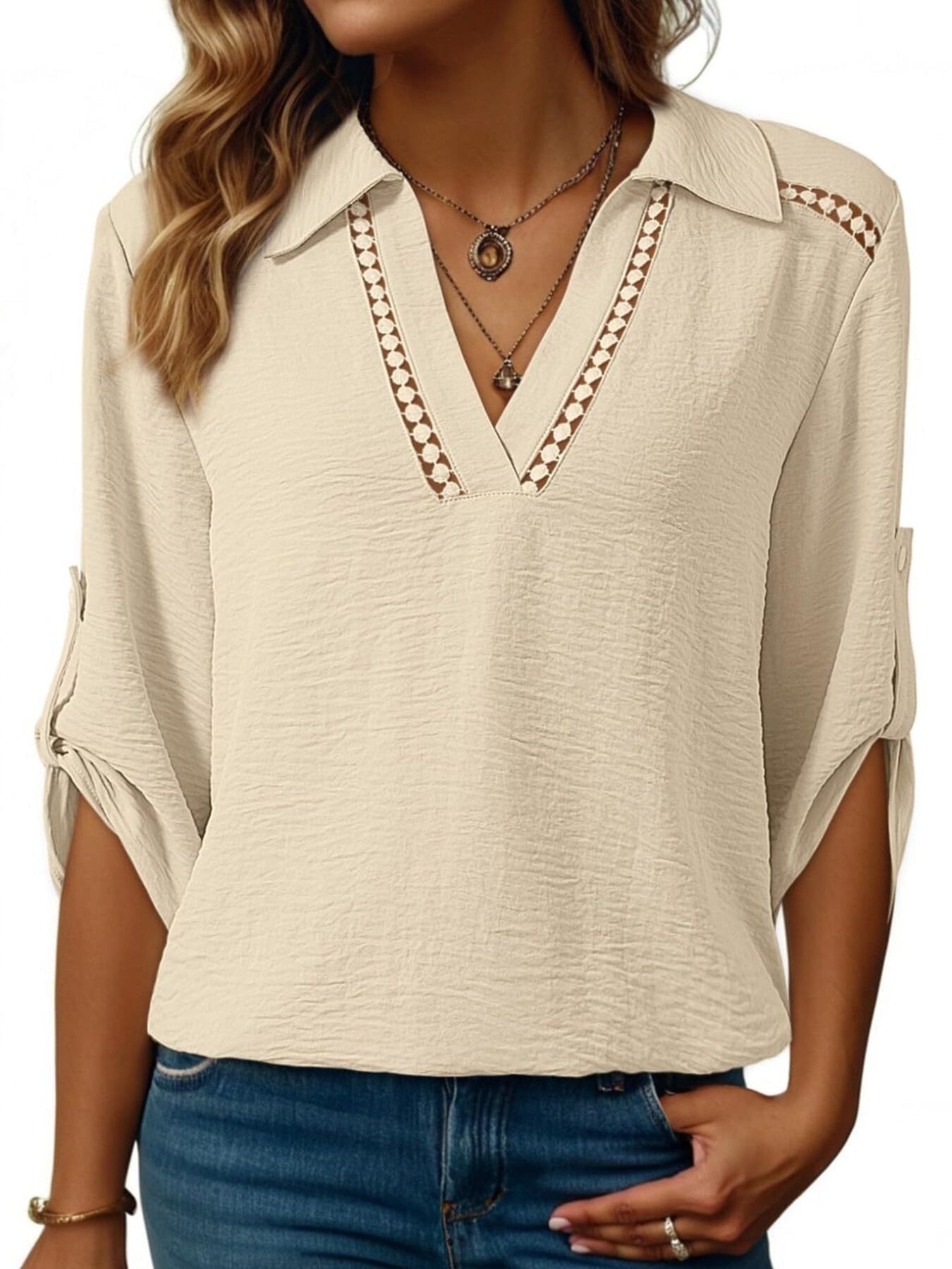 Johnny Collar Roll Up Sleeve Blouse 011 - Poppy & Pearl Edit