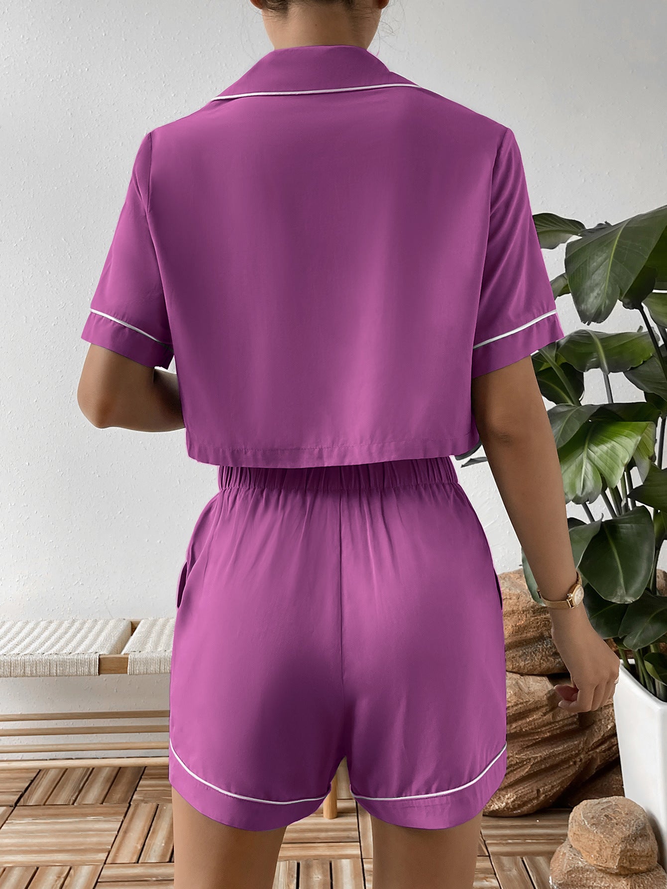 Ivy Lane Contrast Lapel Collar Cropped Shirt Shorts Lounge Set Lifestyle - Poppy & Pearl Edit