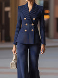 Pinstripe Blazer Wide Leg Pants Set Side Profile - Poppy & Pearl Edit