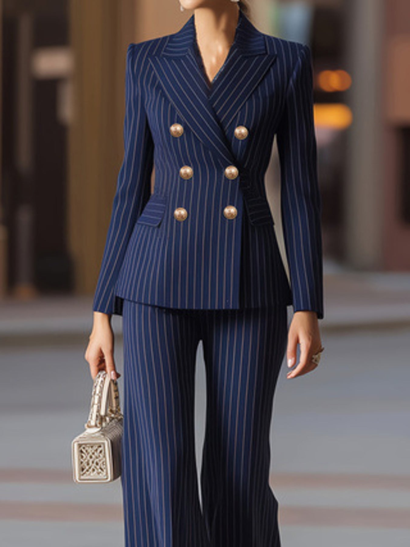 Pinstripe Blazer Wide Leg Pants Set Side Profile - Poppy & Pearl Edit