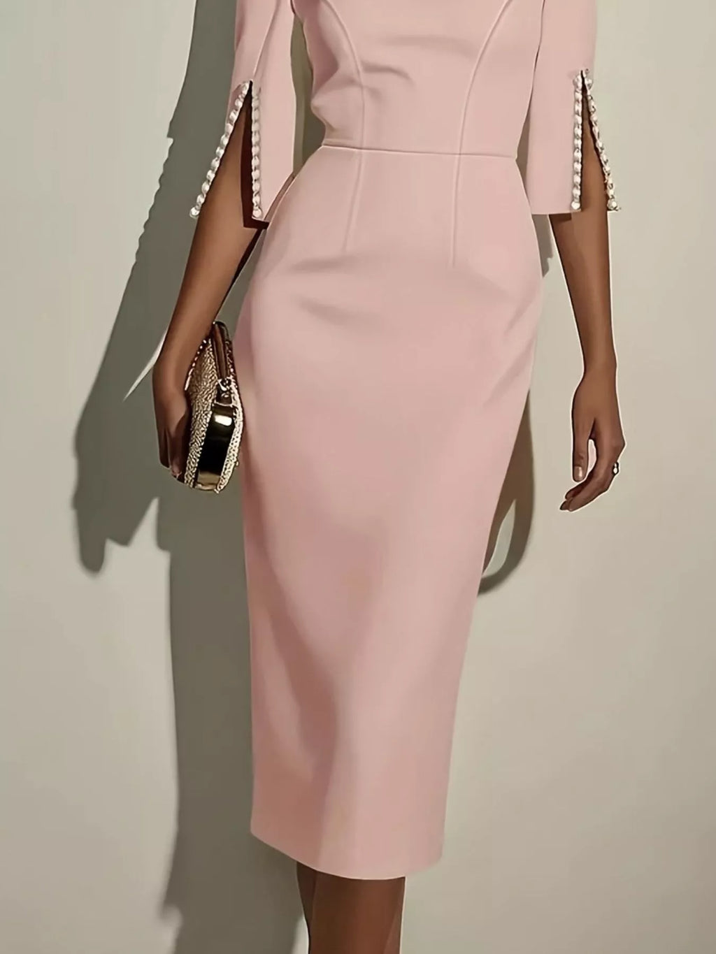 Slim Fit Elegant Midi Dress With Beaded Slit Sleeve 009 - Poppy & Pearl Edit
