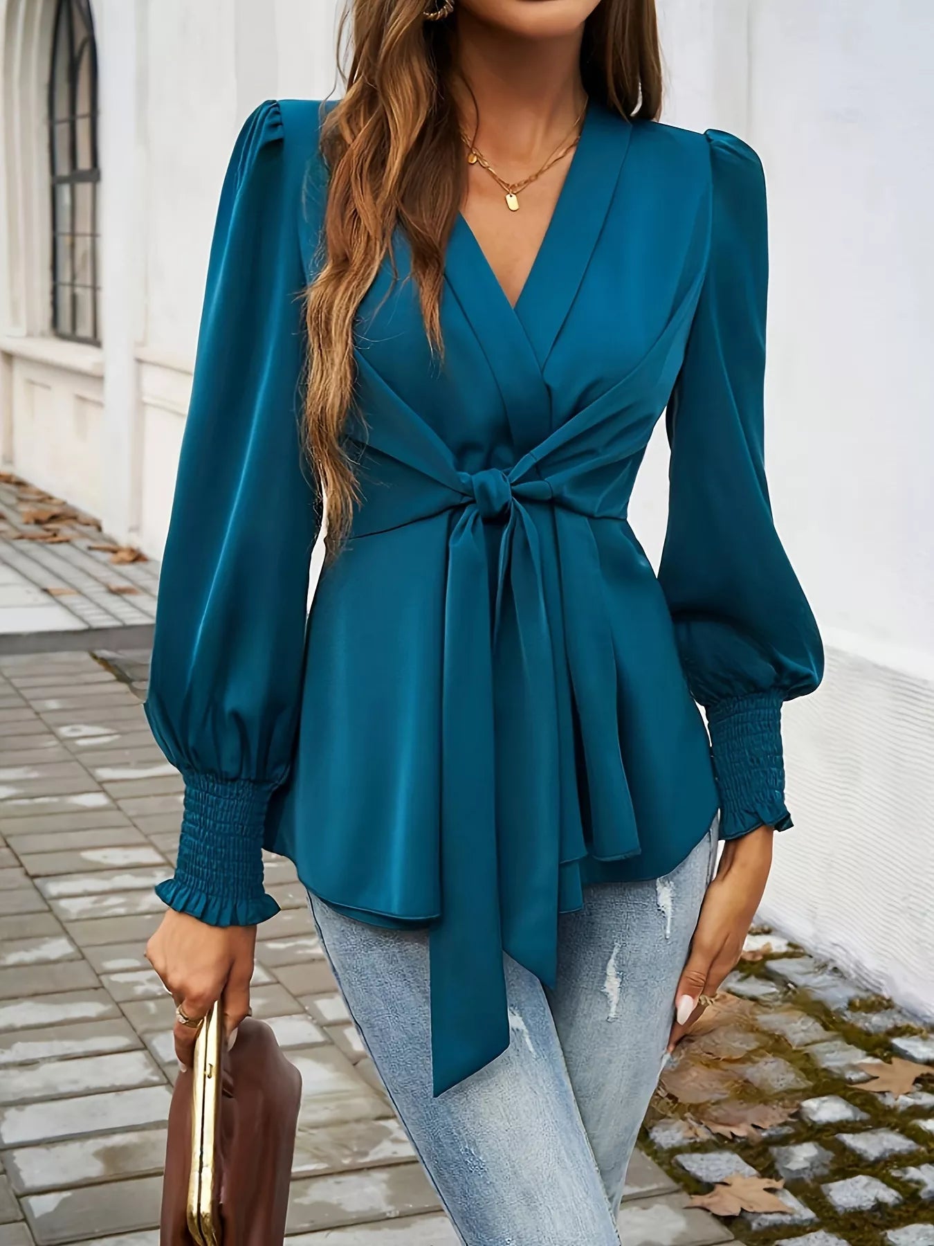 Knot Front Lantern Sleeve Blouse 002 - Poppy & Pearl Edit
