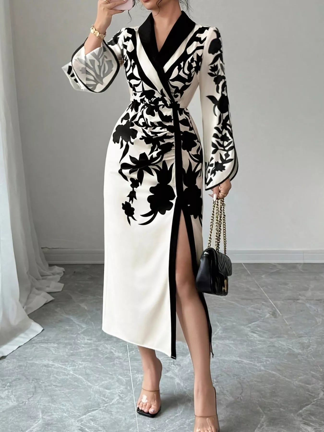 Slit Long Sleeve Wrap Midi Dress 002 - Poppy & Pearl Edit