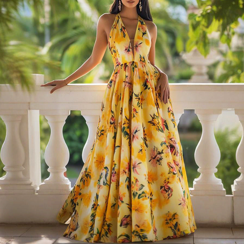 Spring Women Clothing Printed V Neck Waist Trimming Spaghetti Strap Dress 001 - Poppy & Pearl Edit