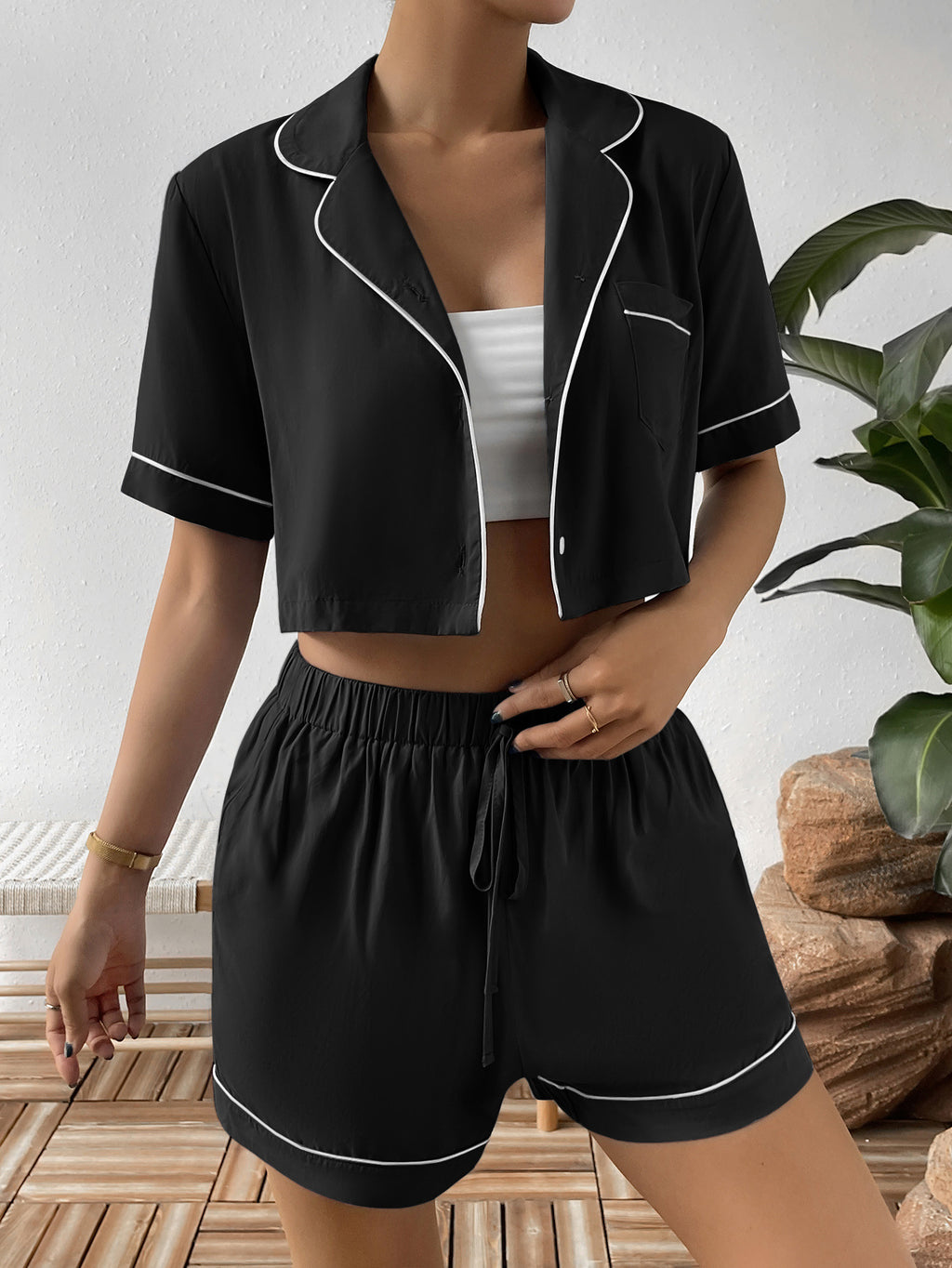 Ivy Lane Contrast Lapel Collar Cropped Shirt Shorts Lounge Set Angle View - Poppy & Pearl Edit
