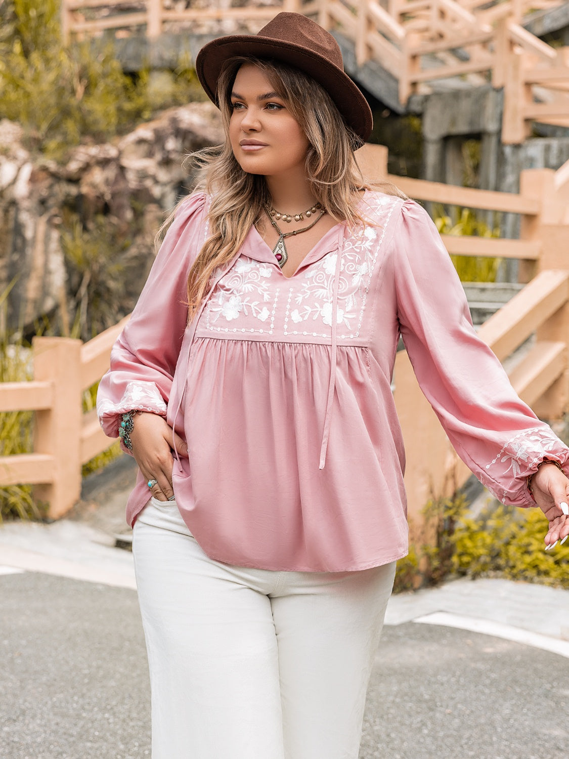 Plus Size Tie Neck Puff Sleeve Blouse 004 - Poppy & Pearl Edit