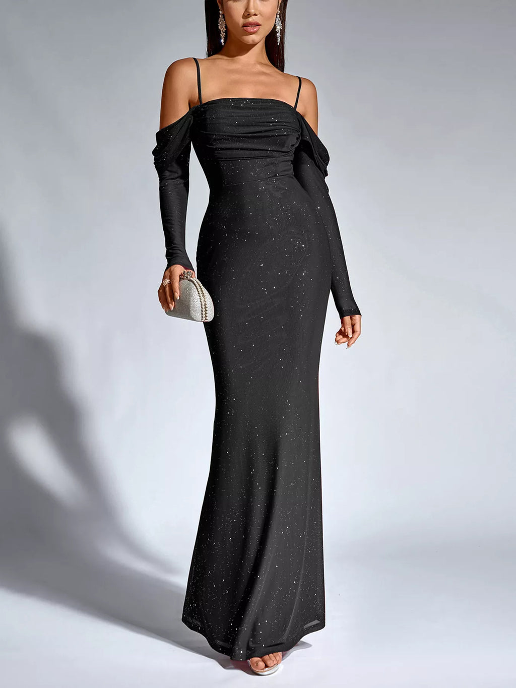 Glitter Ruched Long Sleeve Mermaid Maxi Dress 013 - Poppy & Pearl Edit