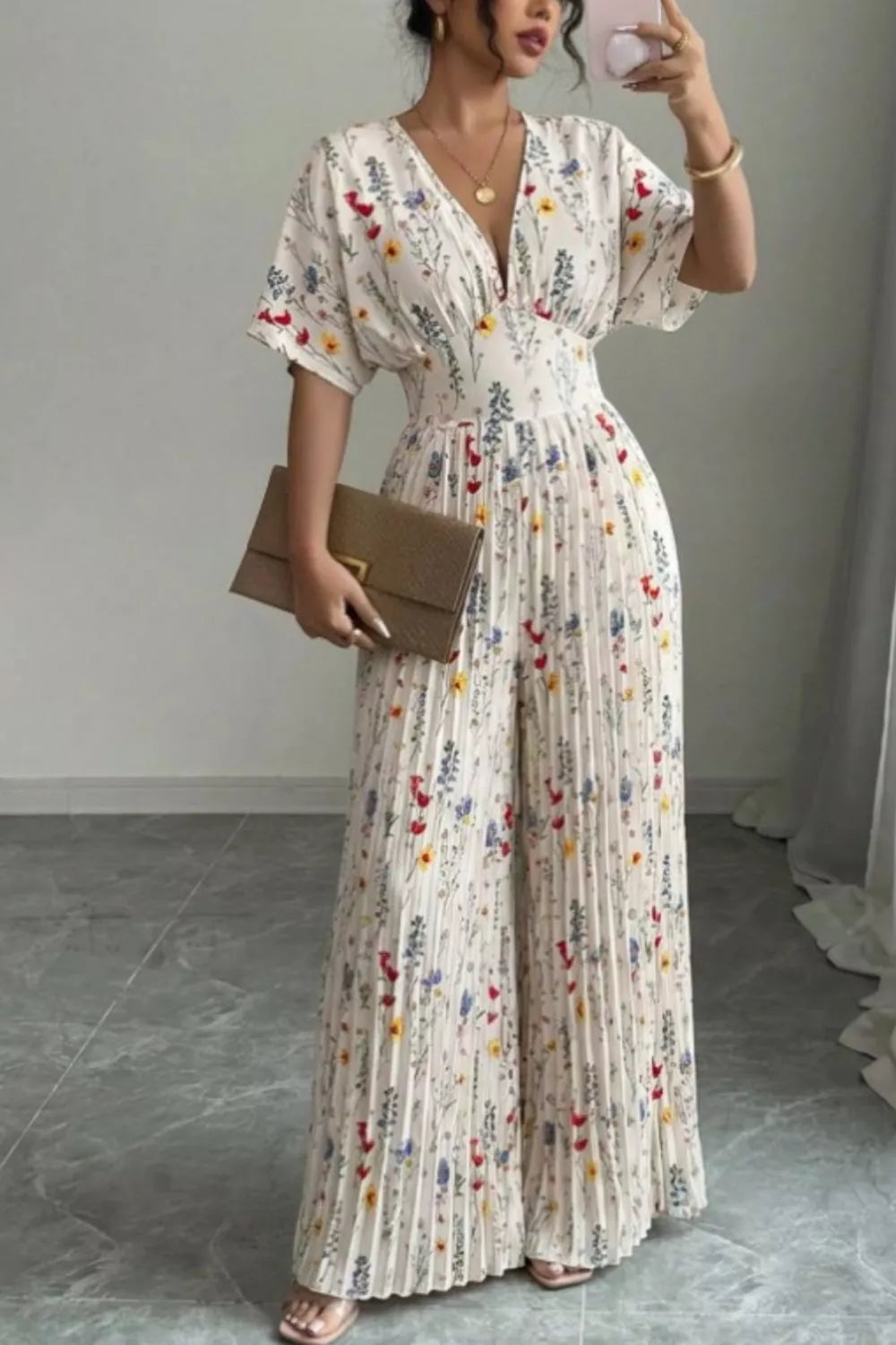 Floral Print Wide Leg Pleated Jumpsuit 003 - Poppy & Pearl Edit
